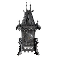 Antique Gothic Revival Forged Wrought & Cast Iron Table Clock by Samuel Marti