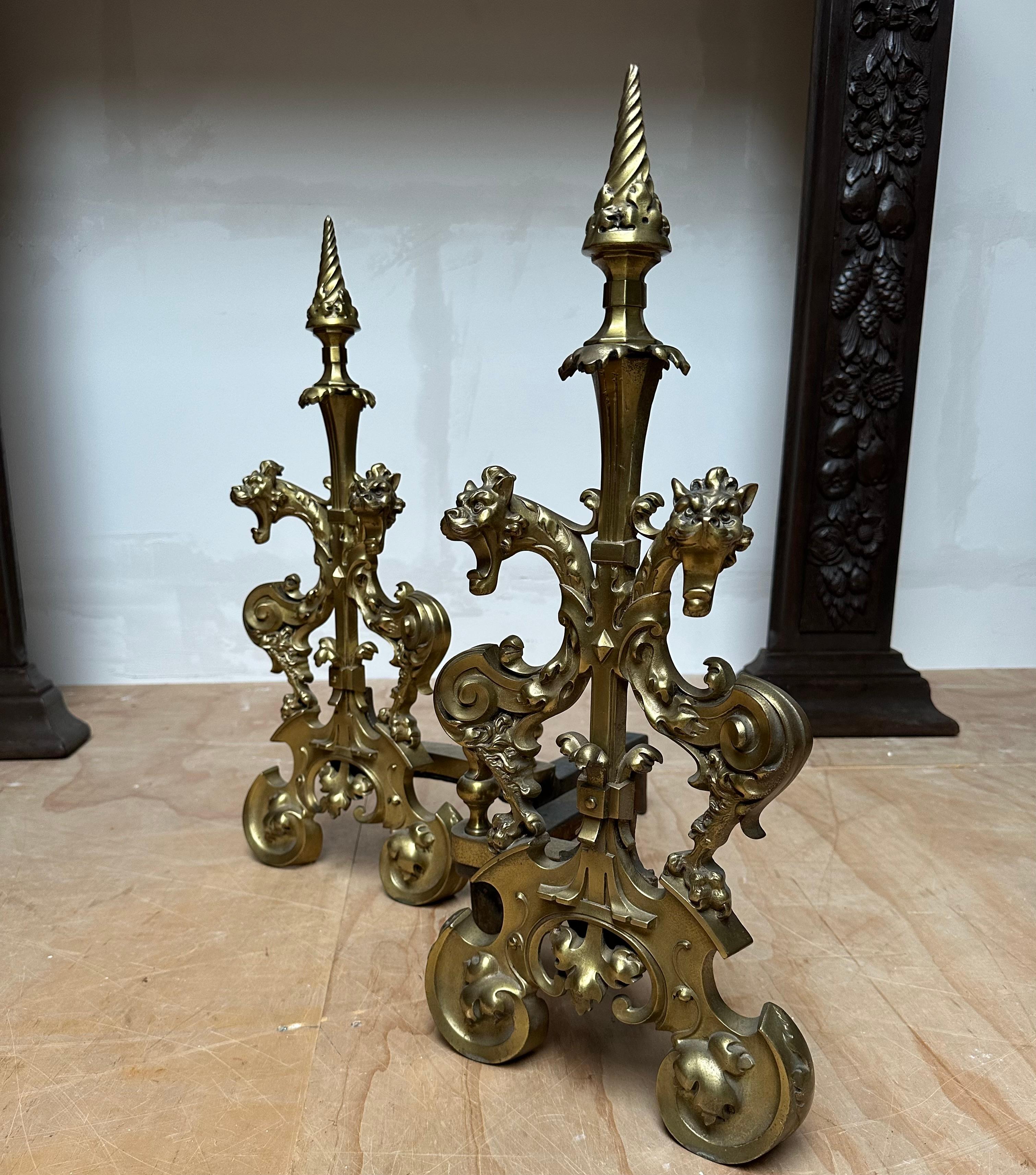 Antique Gothic Revival Gilt Bronze Dragon Andirons or Firedogs / Fireplace Tools For Sale 11