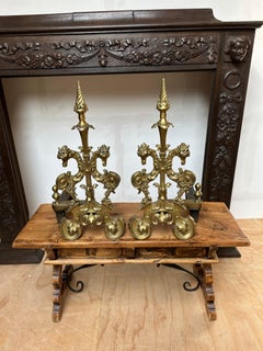Antique Revive Gothic Bronze Gilt Dragon Andirons or Firedogs / Fireplace Tools
