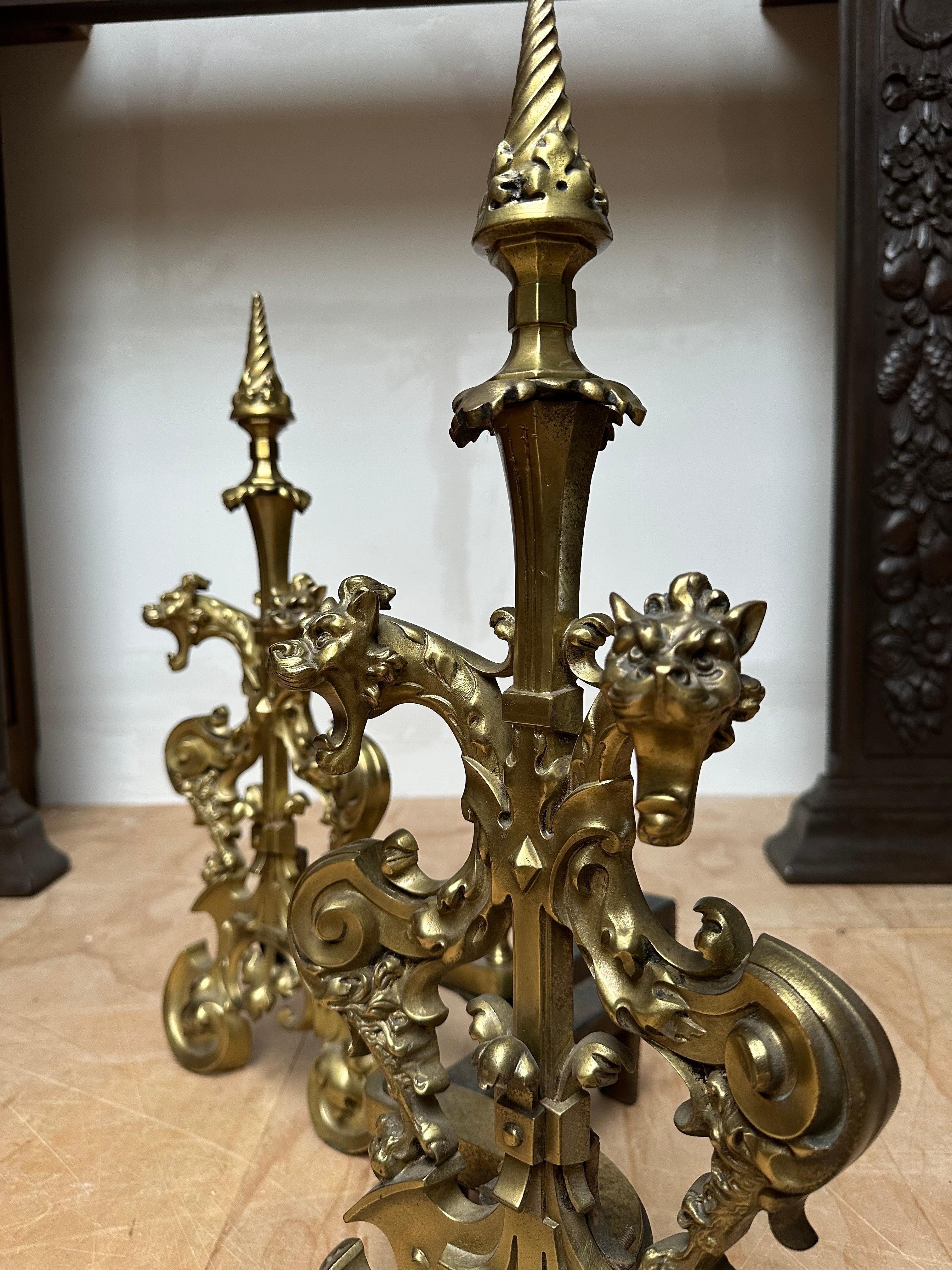 Antique Gothic Revival Gilt Bronze Dragon Andirons or Firedogs / Fireplace Tools For Sale 13