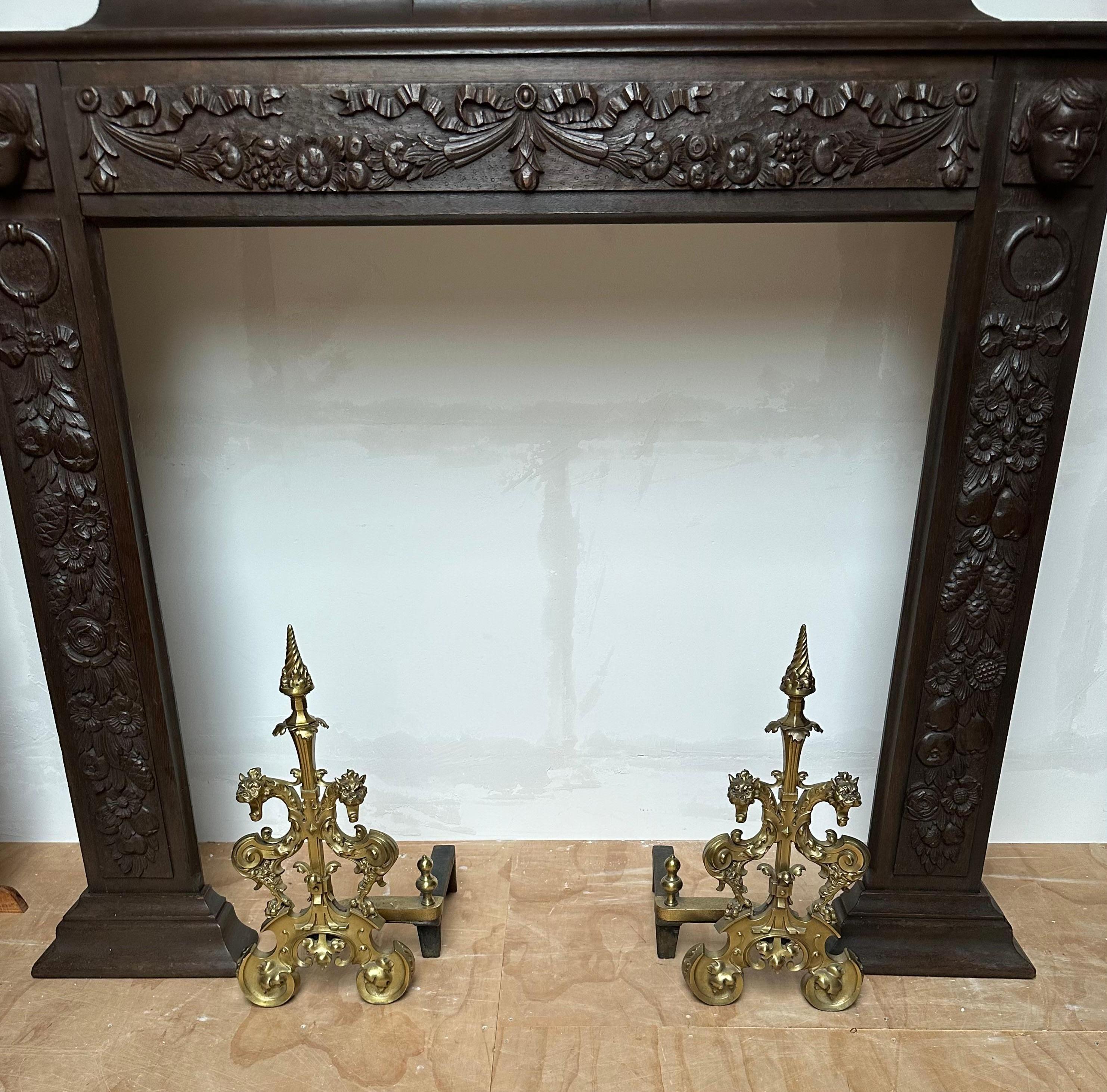 French Antique Gothic Revival Gilt Bronze Dragon Andirons or Firedogs / Fireplace Tools For Sale