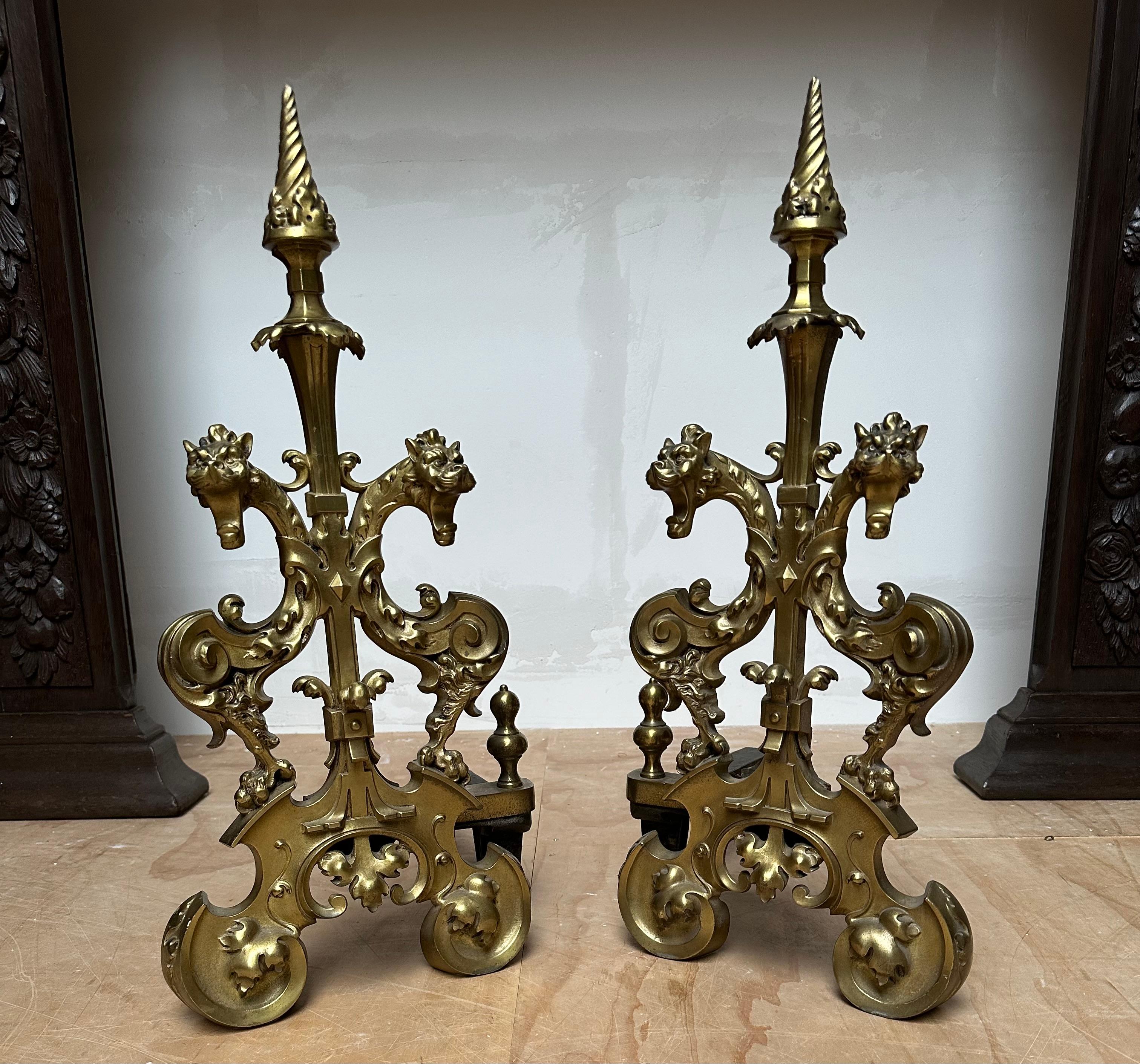 Français Antique Revive Gothic Bronze Gilt Dragon Andirons or Firedogs / Fireplace Tools en vente