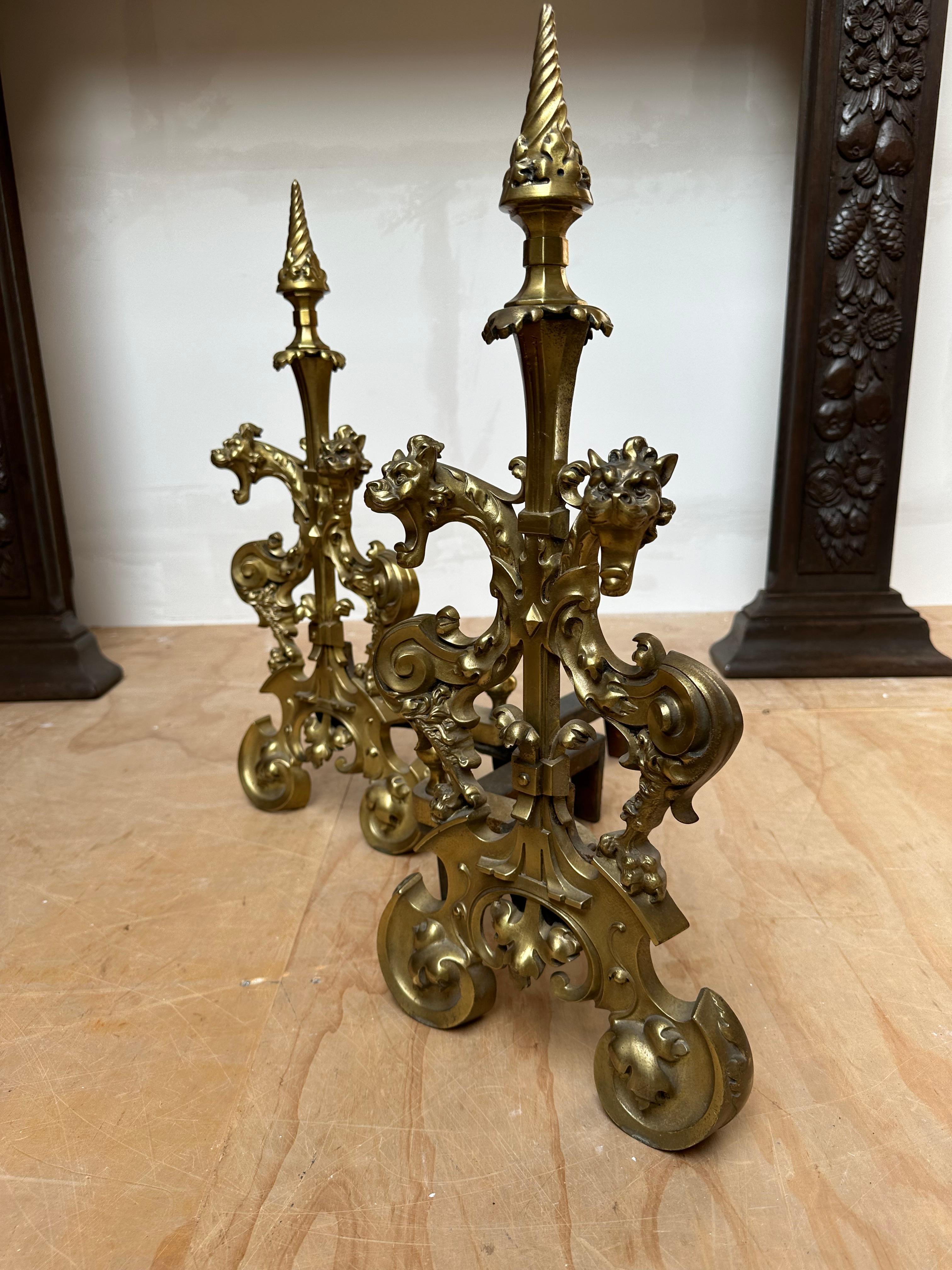 Antique Gothic Revival Gilt Bronze Dragon Andirons or Firedogs / Fireplace Tools In Excellent Condition For Sale In Lisse, NL