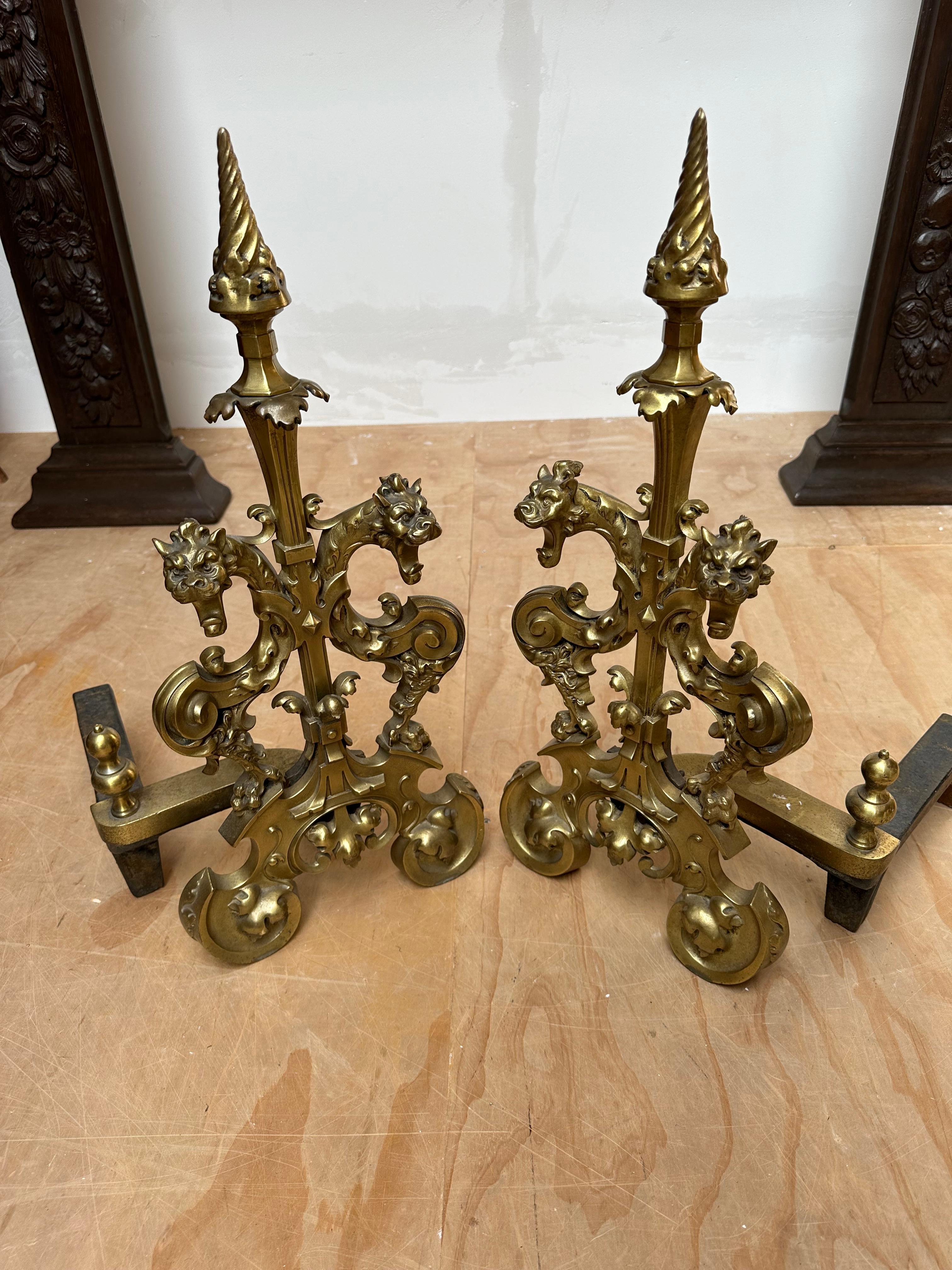 19th Century Antique Gothic Revival Gilt Bronze Dragon Andirons or Firedogs / Fireplace Tools For Sale