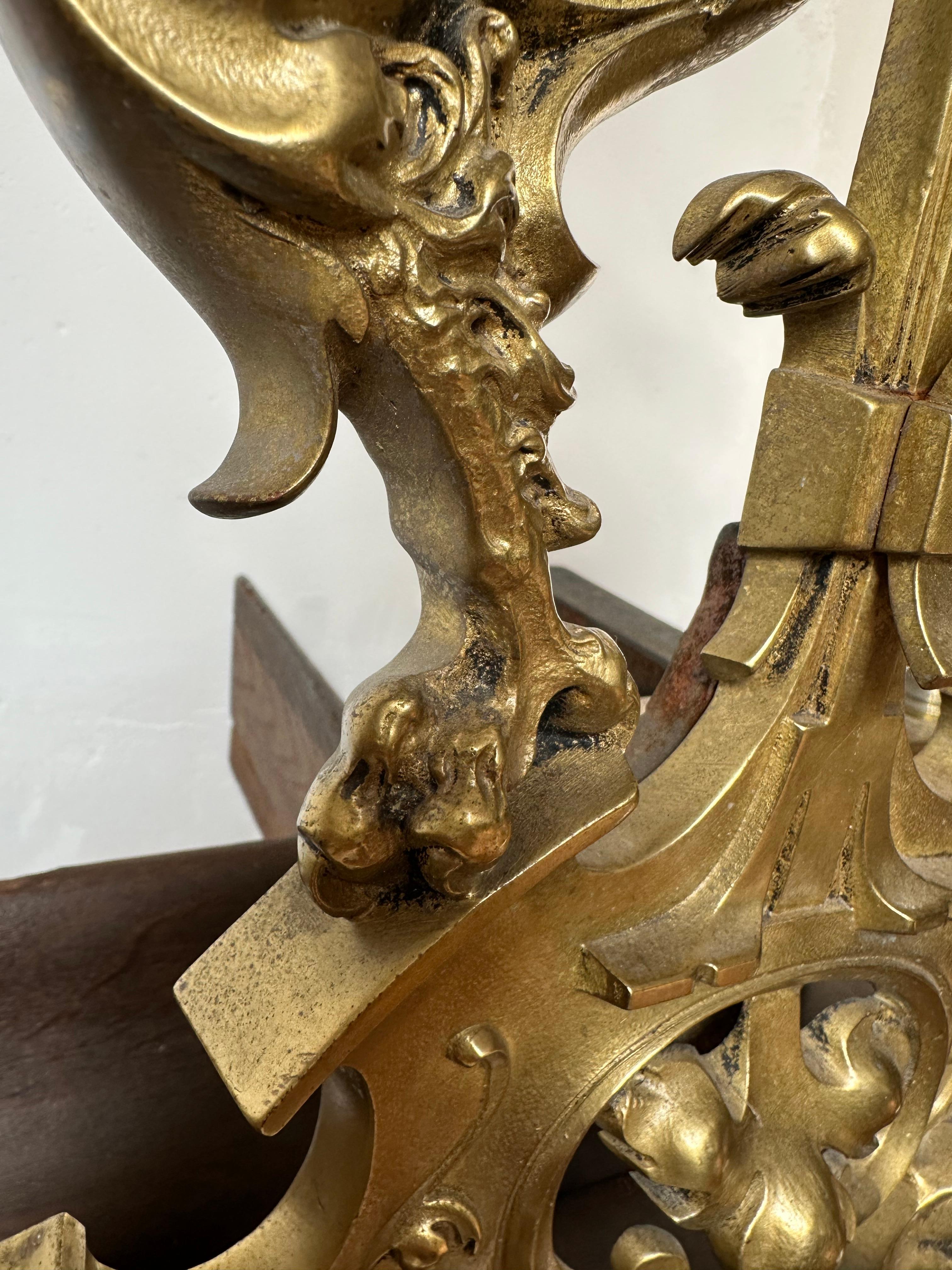 XIXe siècle Antique Revive Gothic Bronze Gilt Dragon Andirons or Firedogs / Fireplace Tools en vente