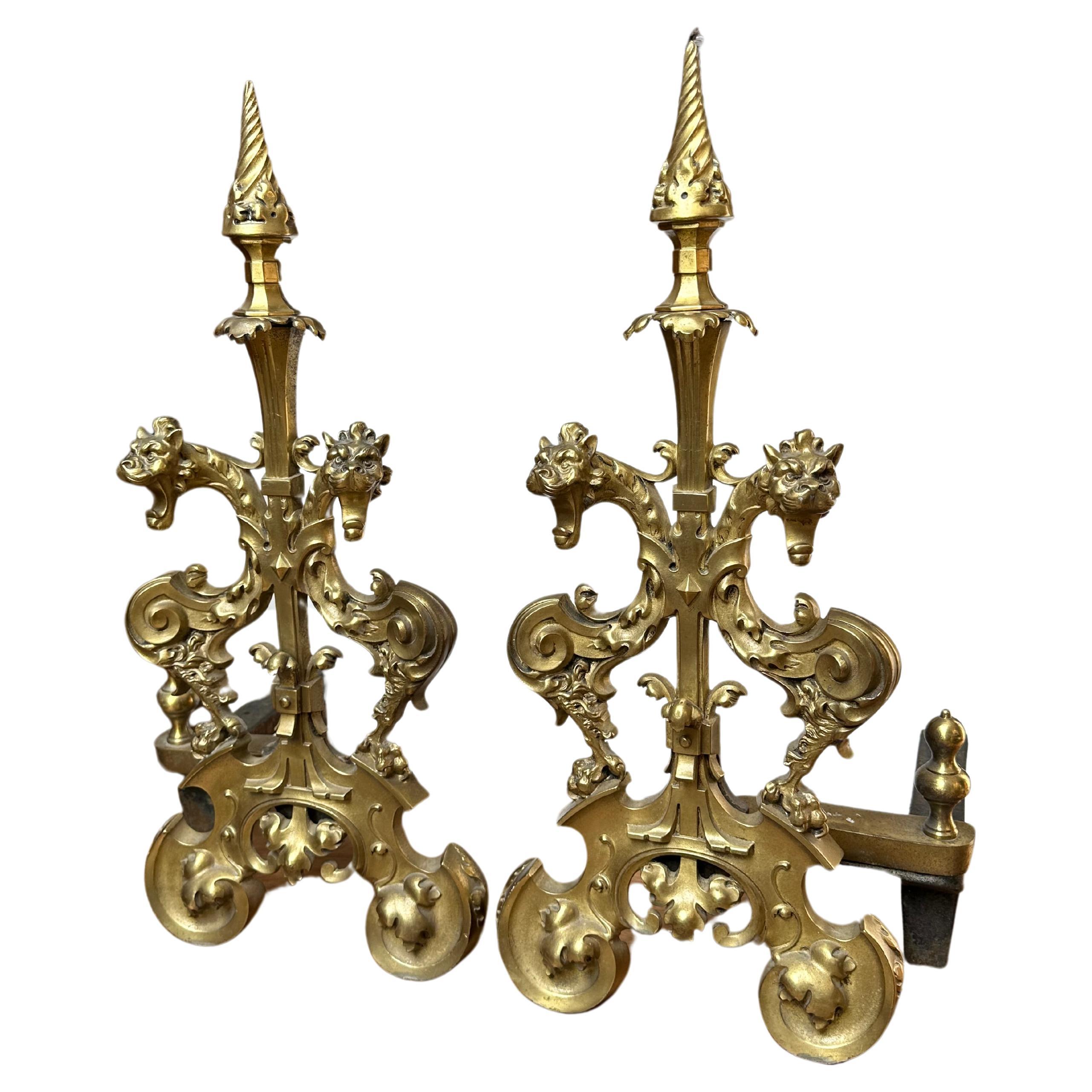 Antique Gothic Revival Gilt Bronze Dragon Andirons or Firedogs / Fireplace Tools