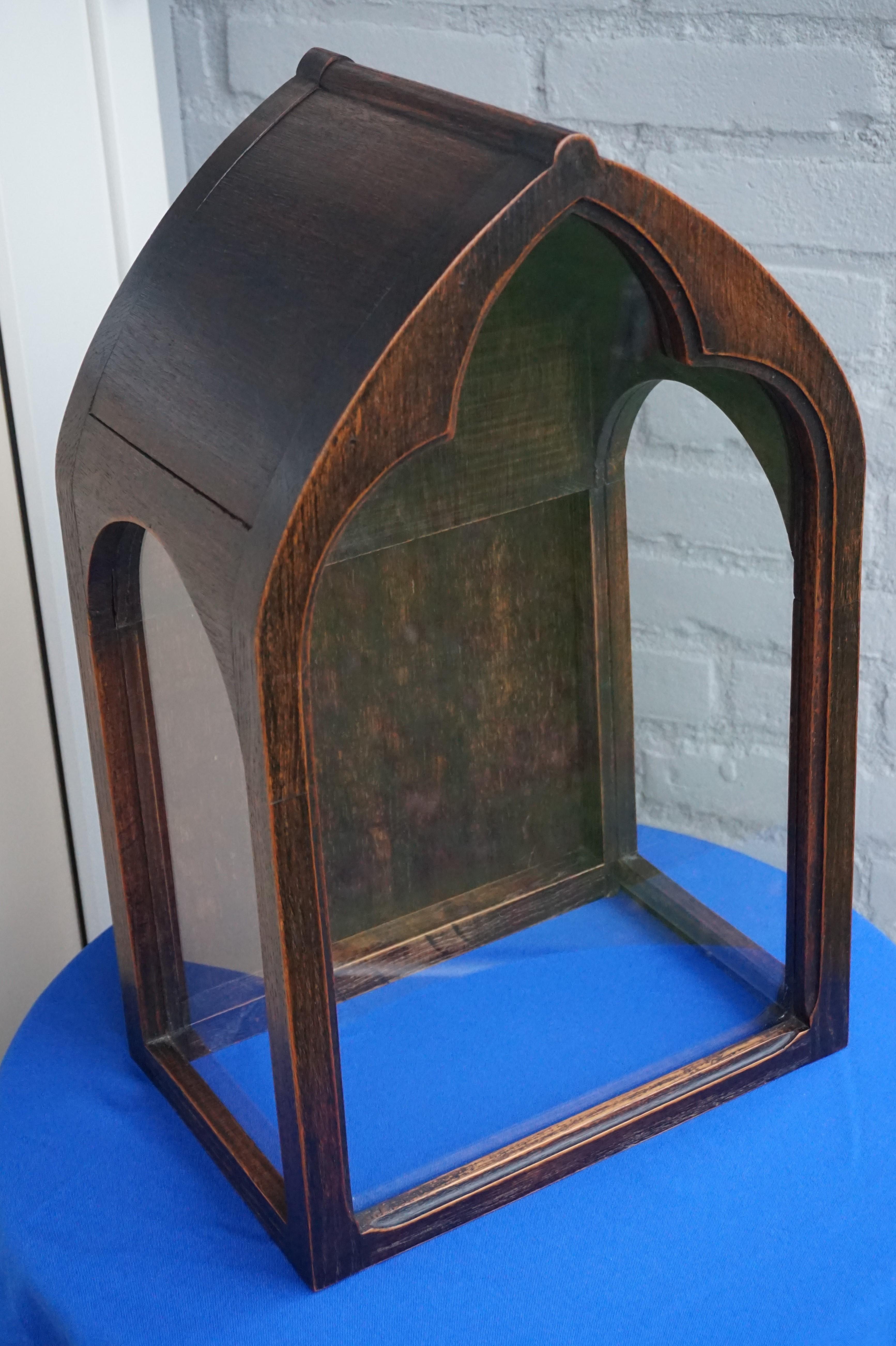 Antique Gothic Revival Glass and Oak Chapel / Display Cabinet for a Saint Statue 3
