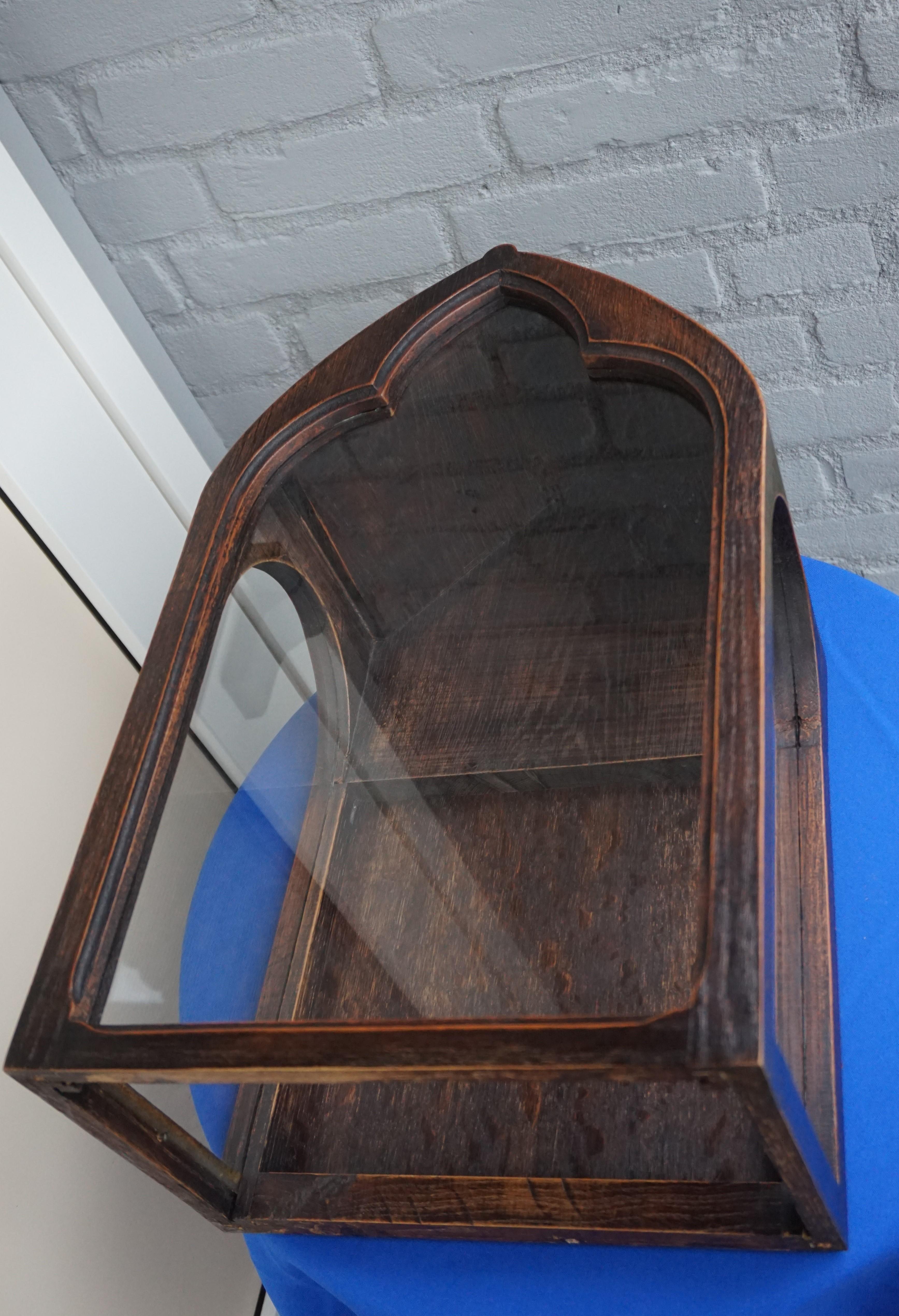 Antique Gothic Revival Glass and Oak Chapel / Display Cabinet for a Saint Statue 6