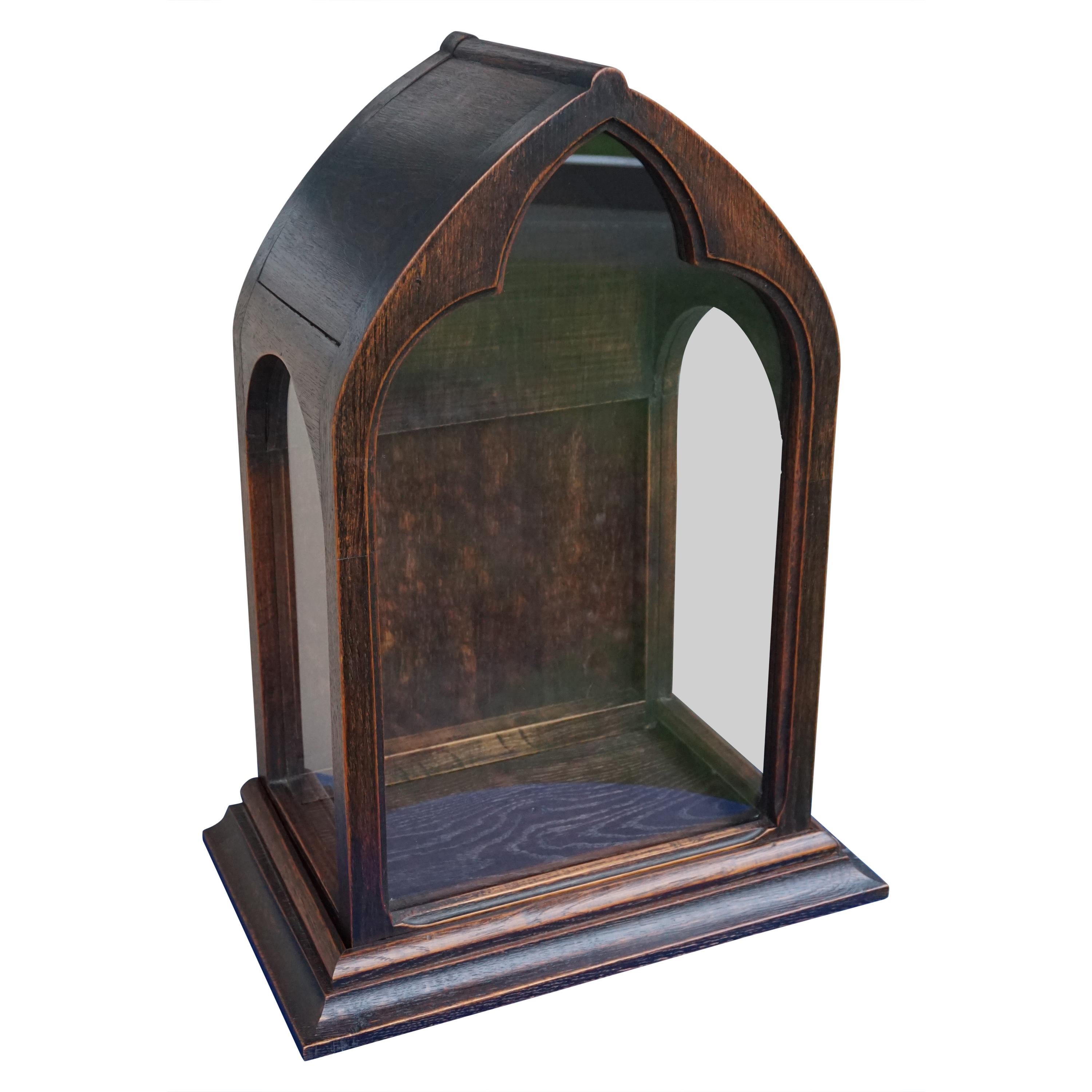 Antique Gothic Revival Glass and Oak Chapel / Display Cabinet for a Saint Statue