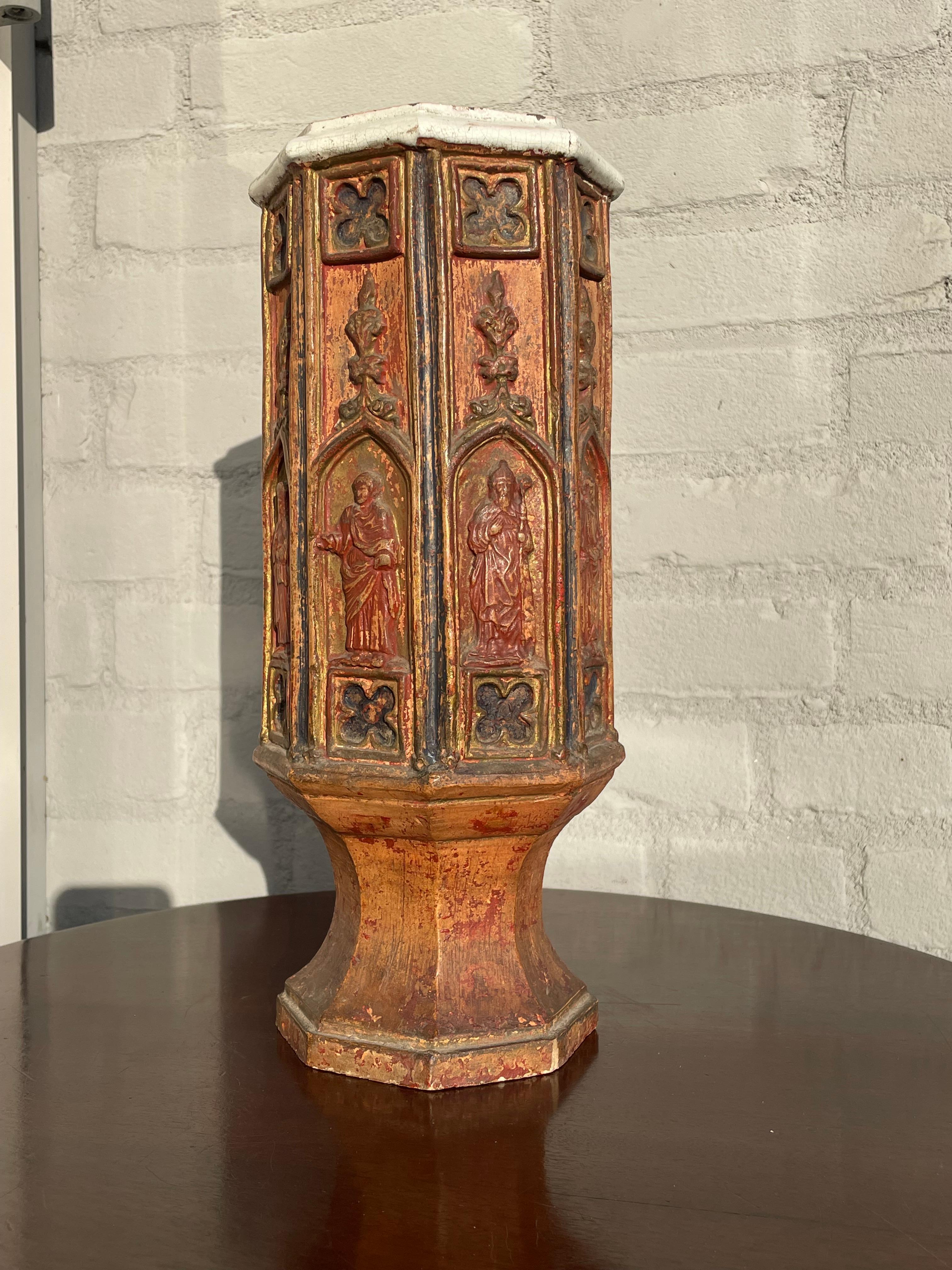 Antique Gothic Revival, Glazed Clay Sanctuary Vase w. Apostles in Church Windows For Sale 12