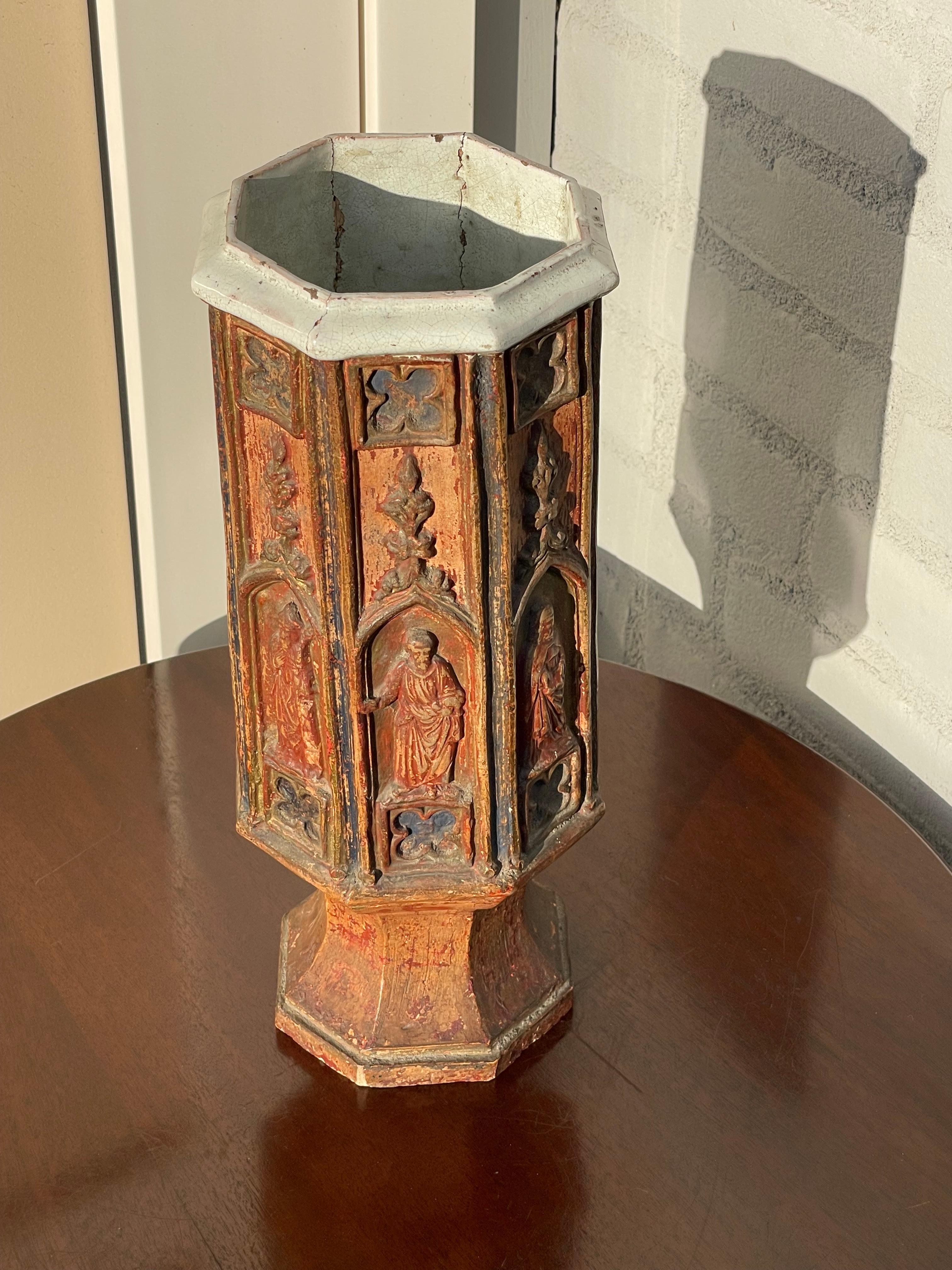 Antique Gothic Revival, Glazed Clay Sanctuary Vase w. Apostles in Church Windows For Sale 13