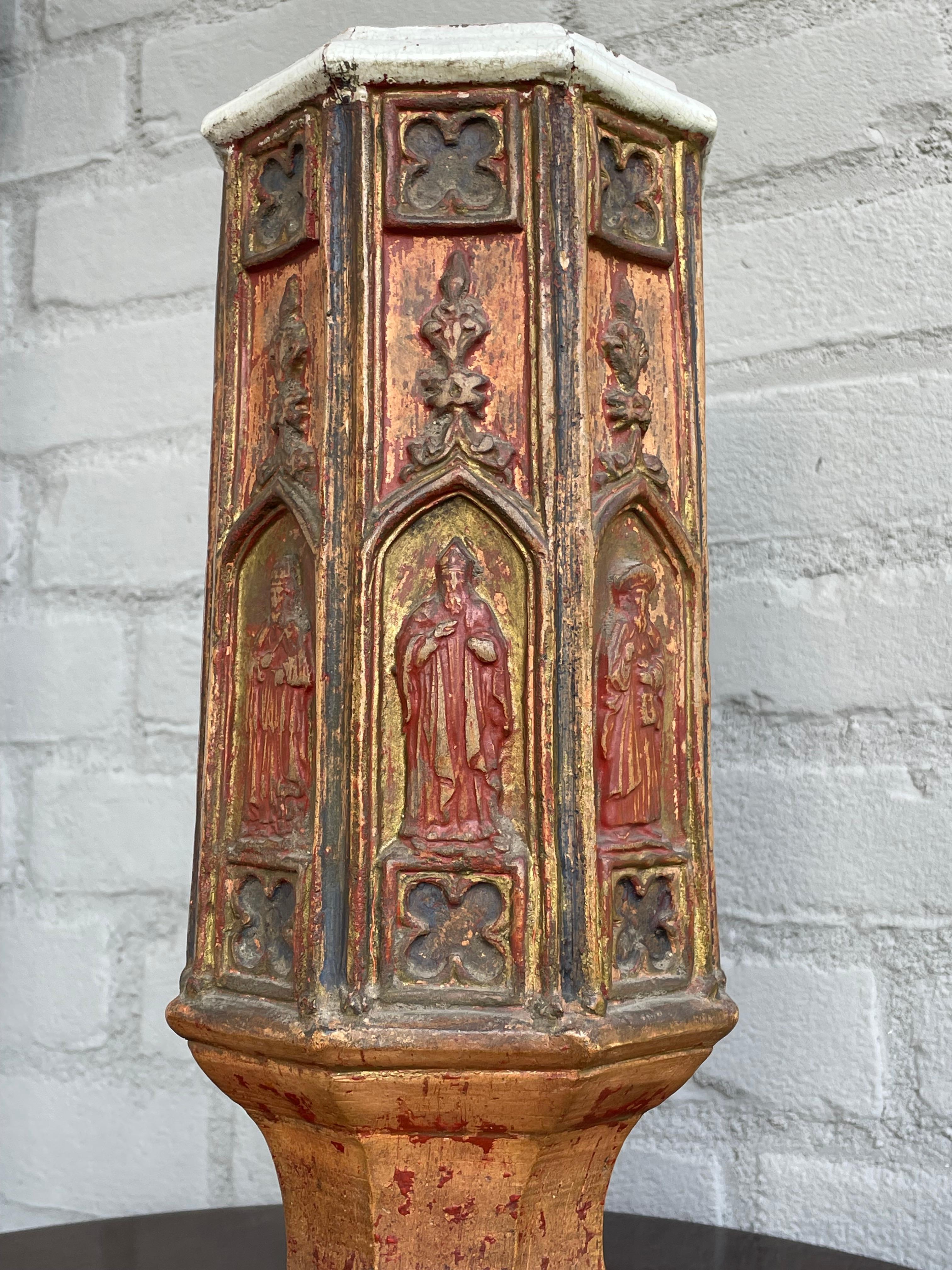 Antique Gothic Revival, Glazed Clay Sanctuary Vase w. Apostles in Church Windows For Sale 14