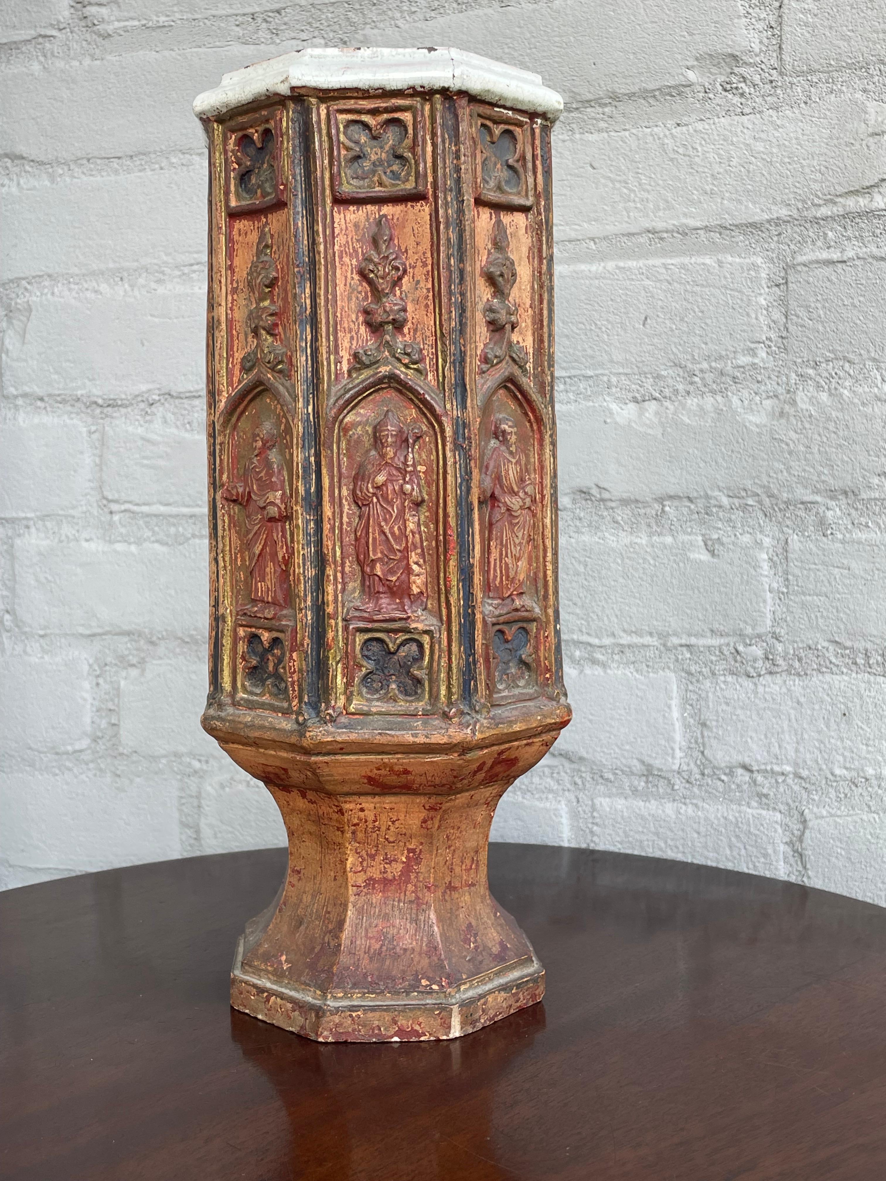 Antique Gothic Revival, Glazed Clay Sanctuary Vase w. Apostles in Church Windows For Sale 15