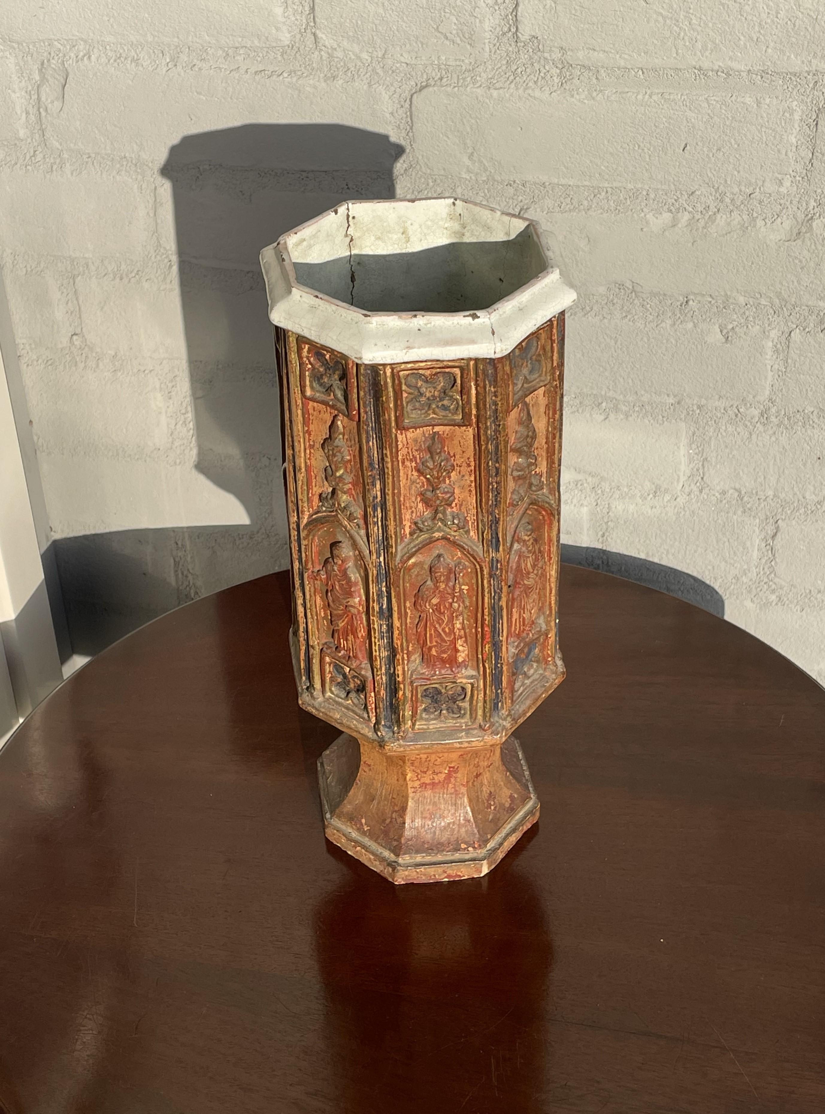 Unknown Antique Gothic Revival, Glazed Clay Sanctuary Vase w. Apostles in Church Windows For Sale