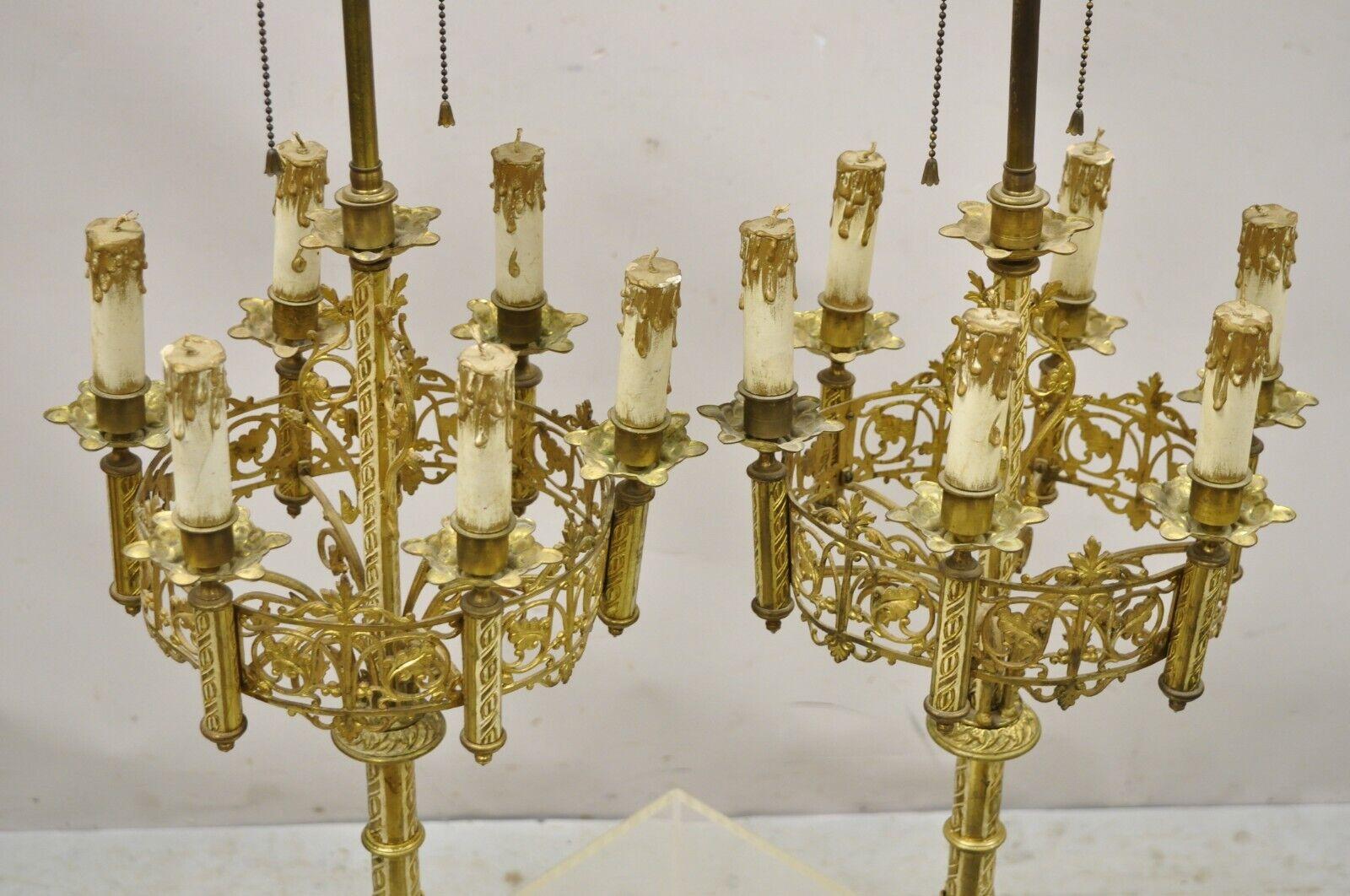 Antique Gothic Revival Gold Bronze Figural Candelabra Table Lamps, a Pair For Sale 5