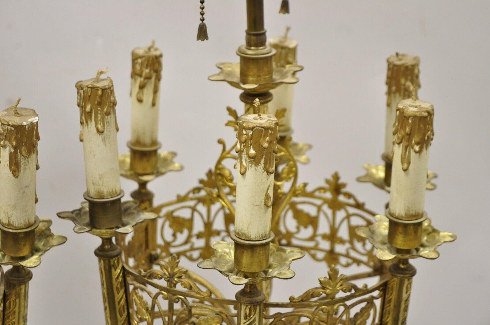 Antique Gothic Revival Gold Bronze Figural Candelabra Table Lamps, a Pair In Good Condition For Sale In Philadelphia, PA