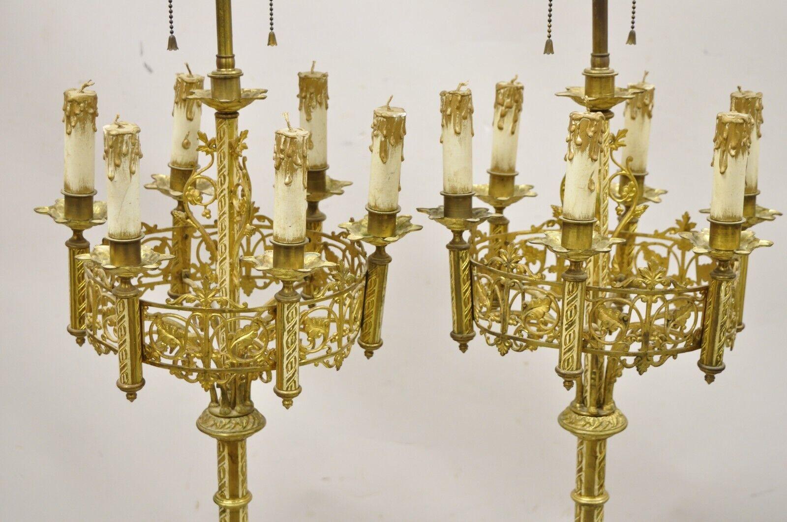 20th Century Antique Gothic Revival Gold Bronze Figural Candelabra Table Lamps, a Pair For Sale