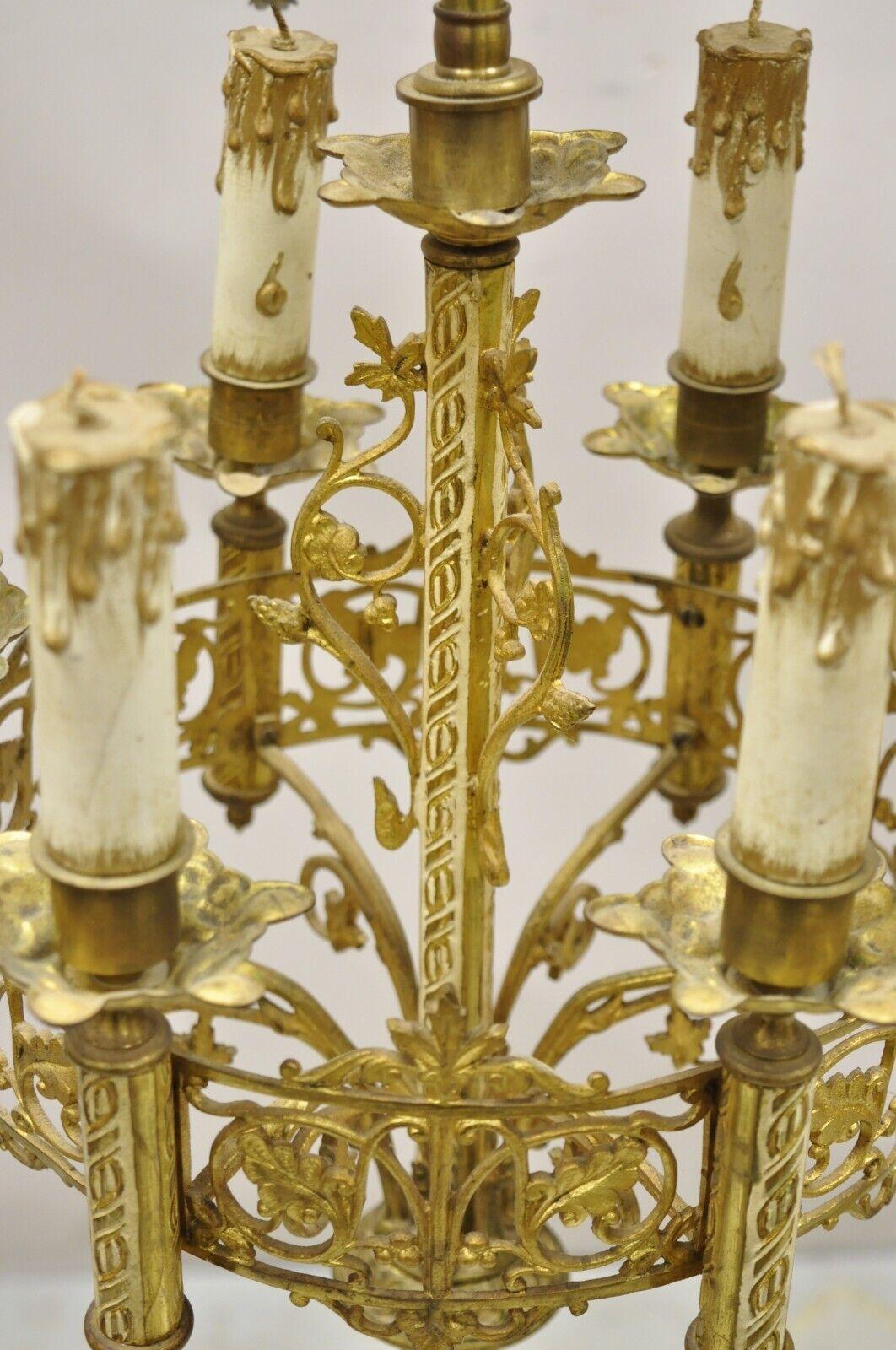 Brass Antique Gothic Revival Gold Bronze Figural Candelabra Table Lamps, a Pair For Sale