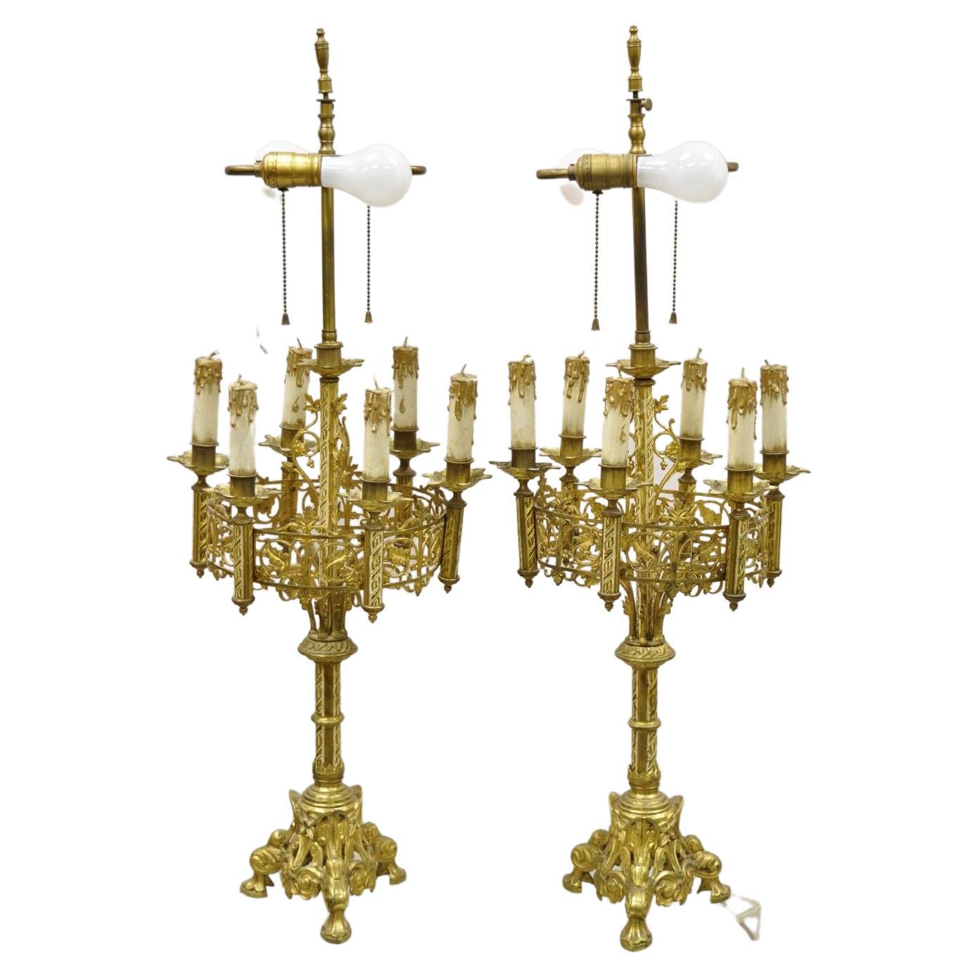 Antique Gothic Revival Gold Bronze Figural Candelabra Table Lamps, a Pair For Sale