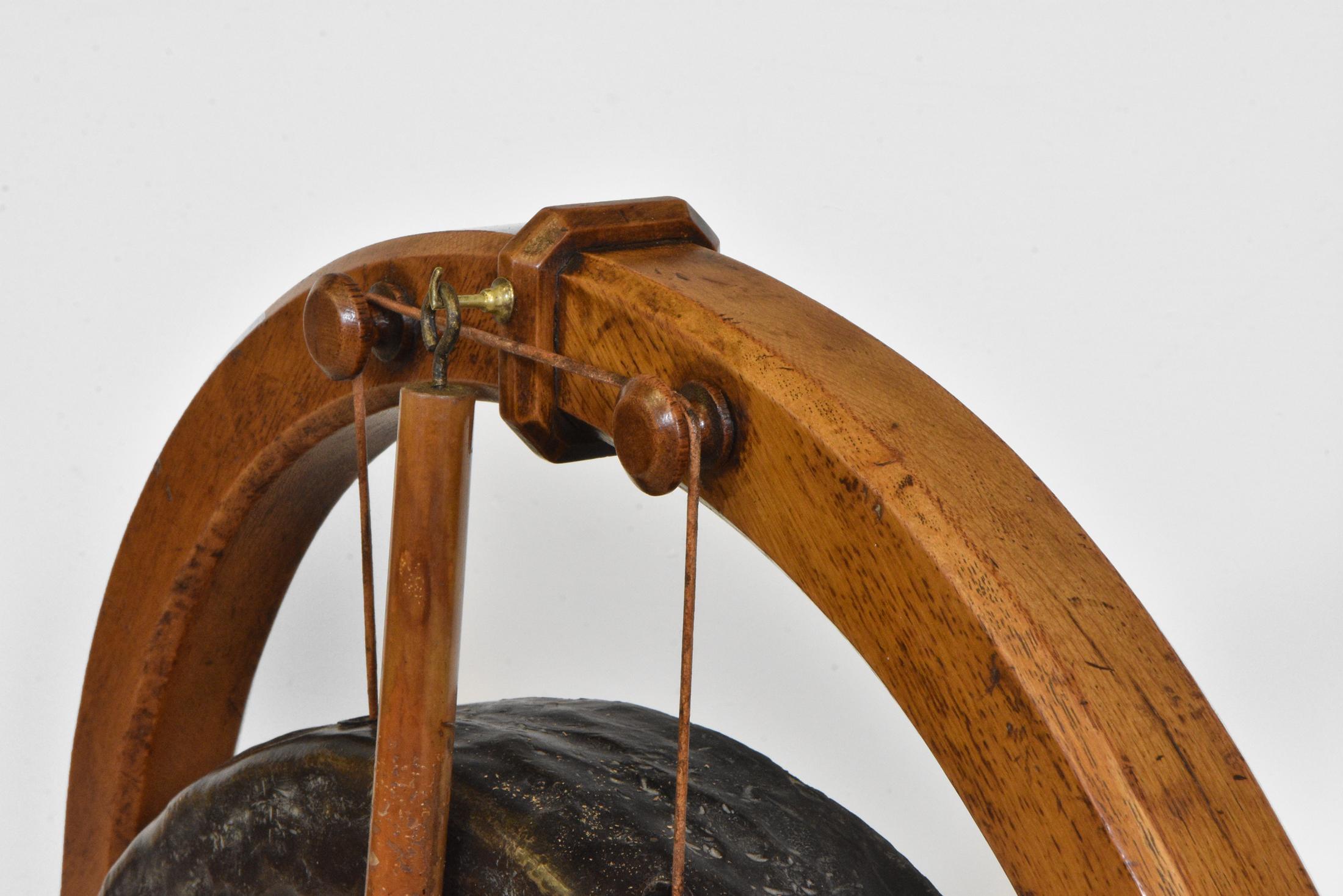 British Antique Gothic Revival Golden Oak & Brass Dinner Gong