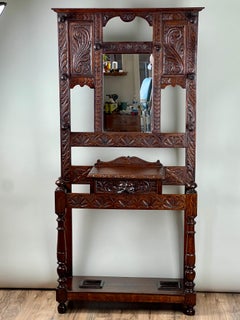 Antique Gothic Revival Green Man Oak Hall Tree c. Late 19th Century