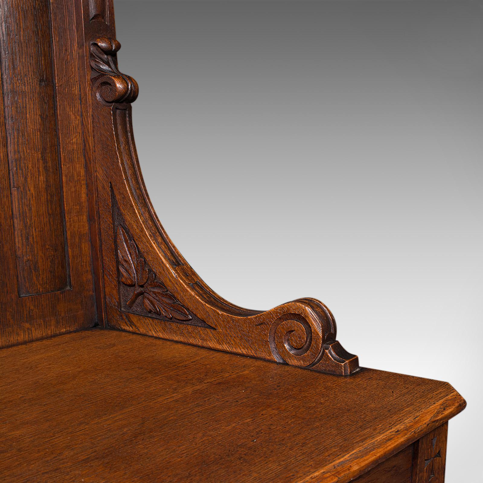 Antique Gothic Revival Hall Chair, Scottish Oak, Reception Seat, Victorian, 1870 For Sale 5
