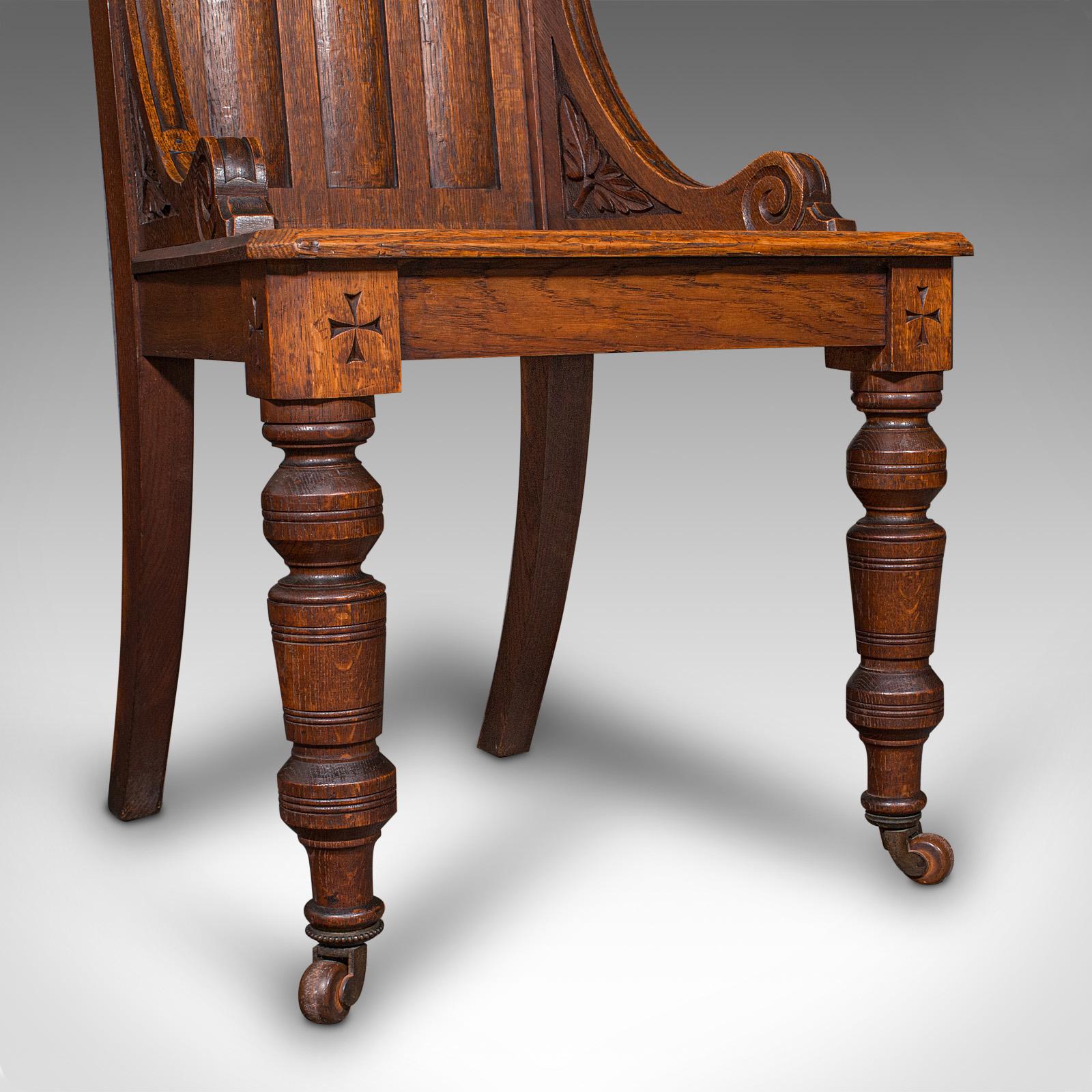 Antique Gothic Revival Hall Chair, Scottish Oak, Reception Seat, Victorian, 1870 For Sale 7