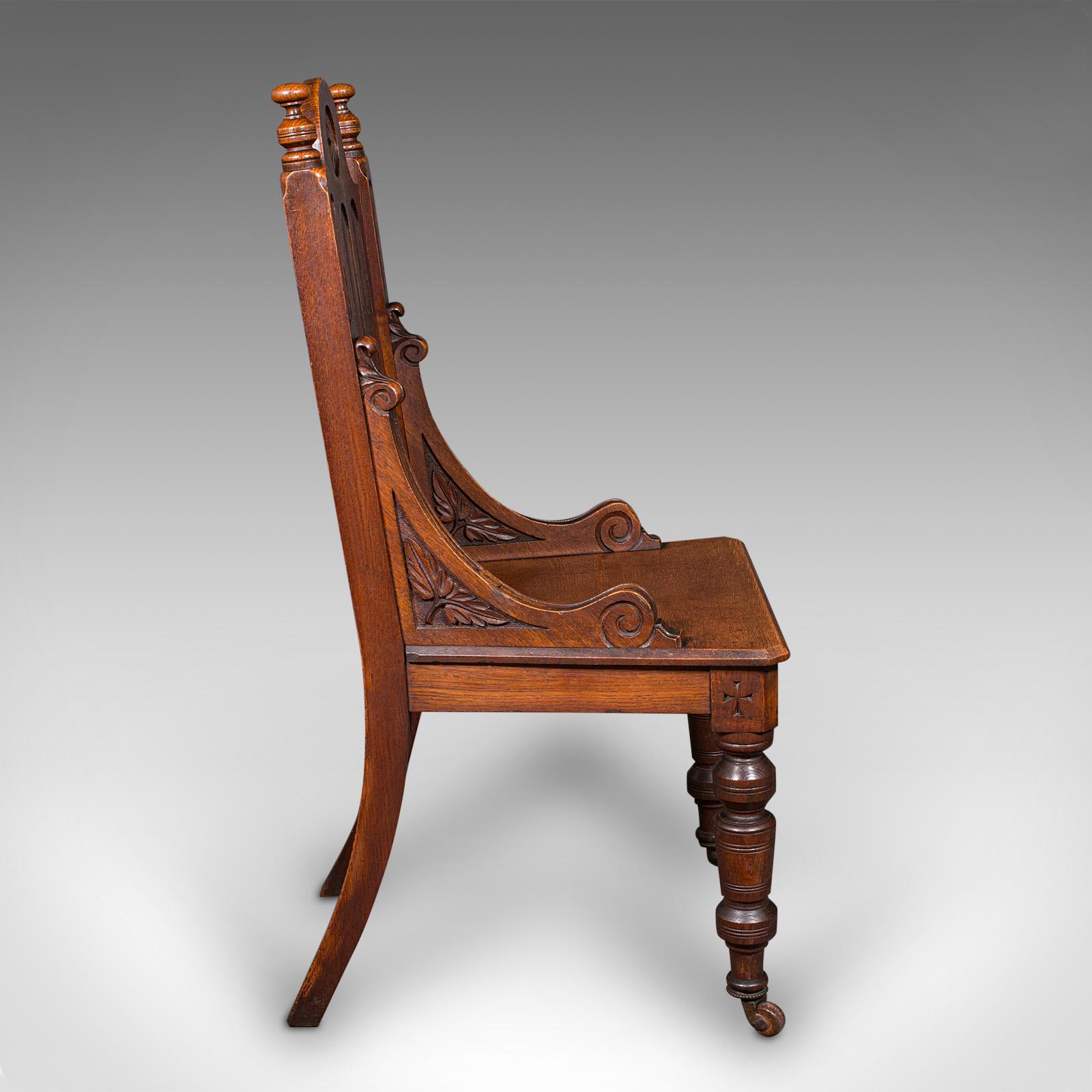 British Antique Gothic Revival Hall Chair, Scottish Oak, Reception Seat, Victorian, 1870 For Sale