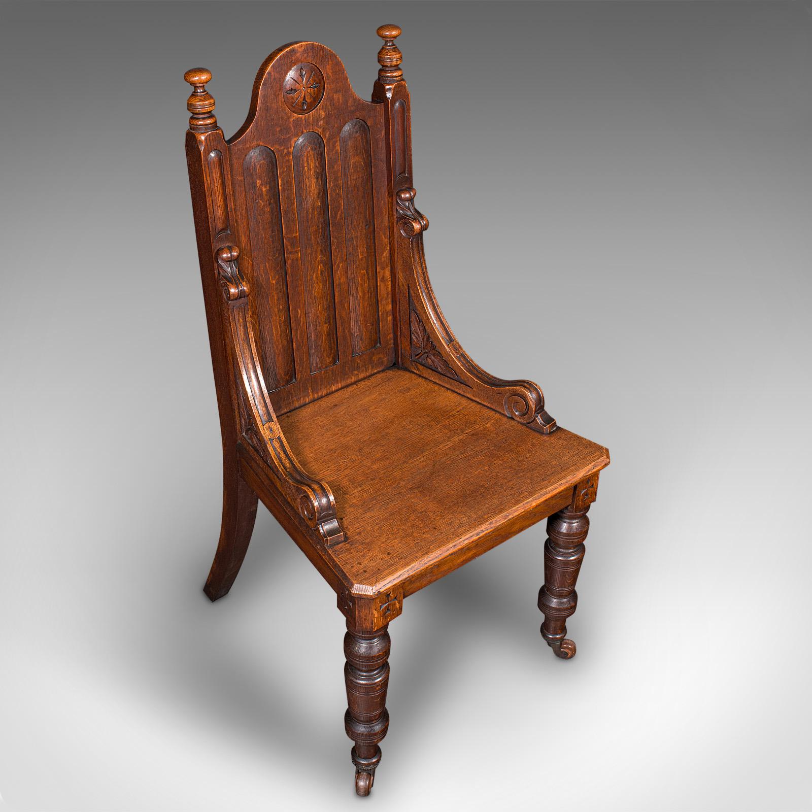 Antique Gothic Revival Hall Chair, Scottish Oak, Reception Seat, Victorian, 1870 For Sale 1