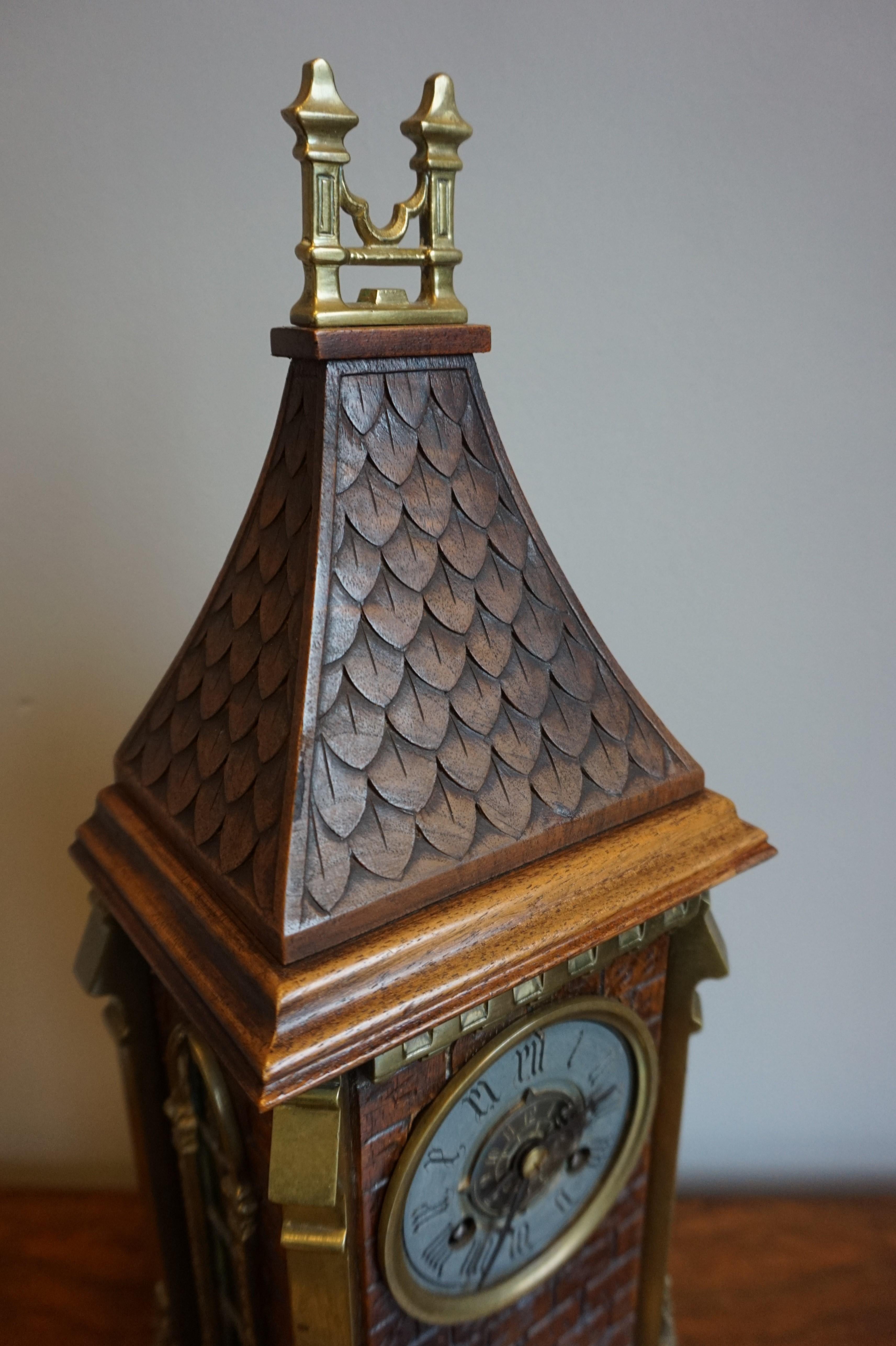 Antique Gothic Revival Hand Carved Nutwood & Bronze Table Clock by Samuel Marti 12