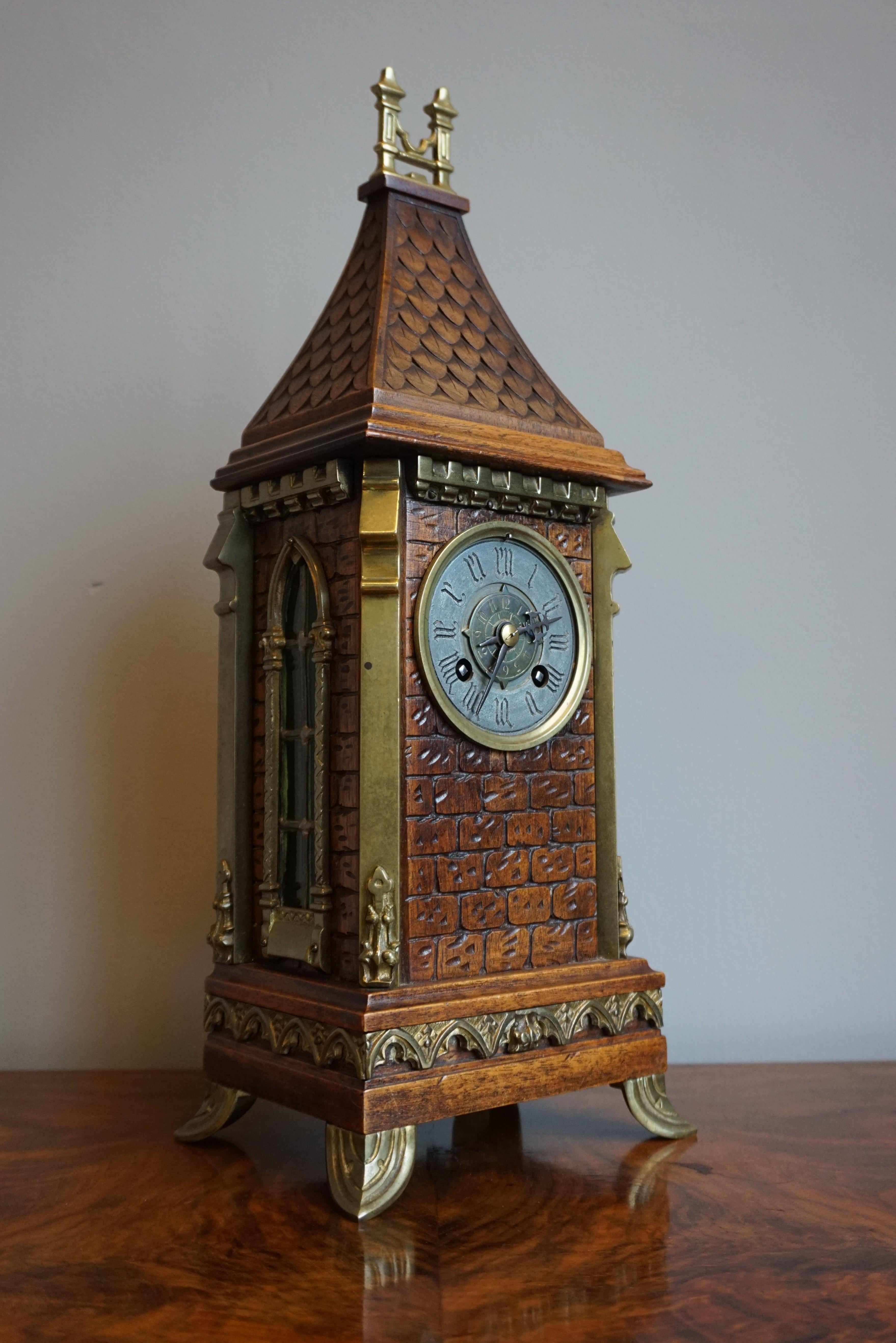 Antique Gothic Revival Hand Carved Nutwood & Bronze Table Clock by Samuel Marti 13