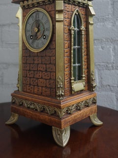 Antique Gothic Revival Hand Carved Nutwood & Bronze Table Clock by Samuel Marti