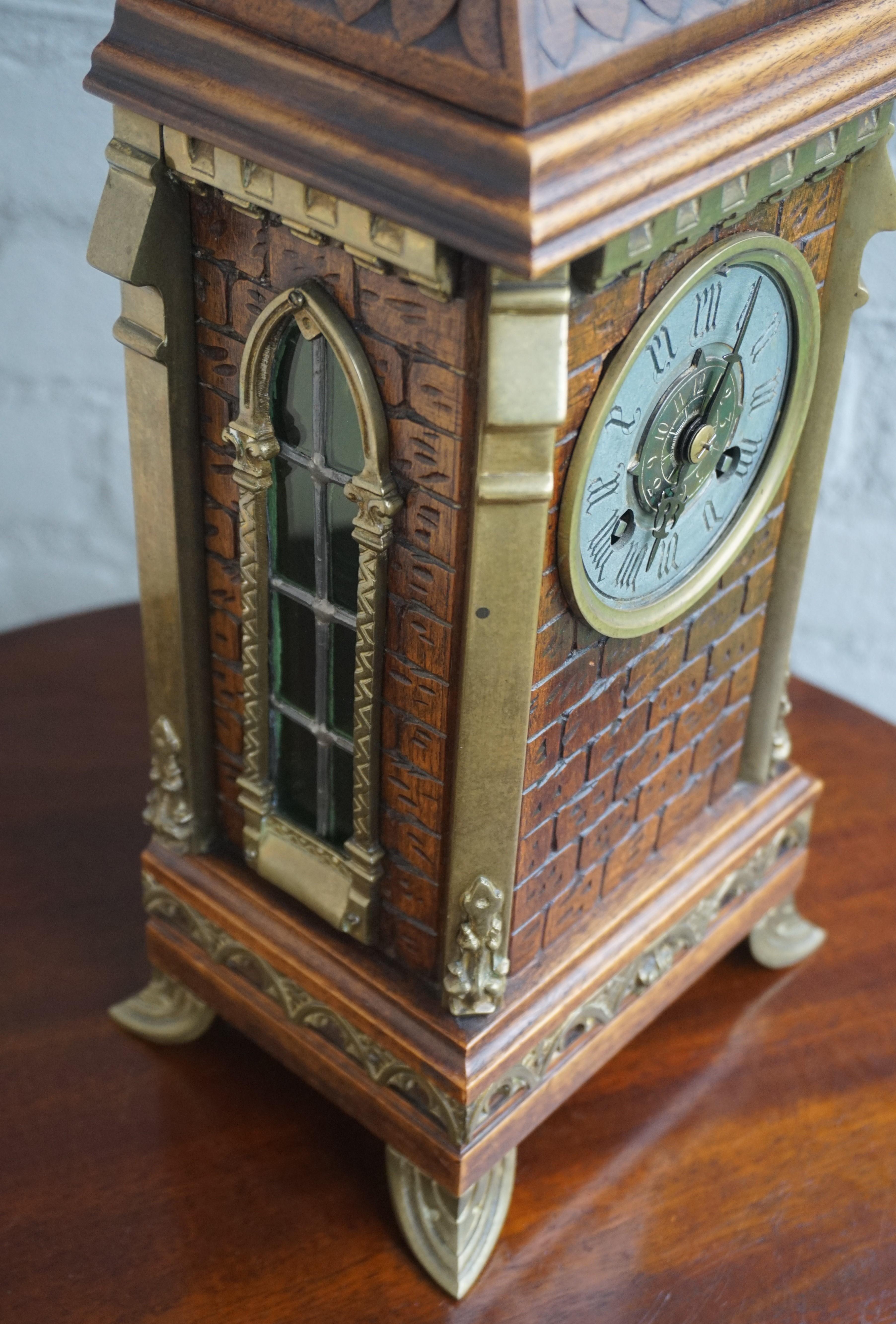 Hand-Carved Antique Gothic Revival Hand Carved Nutwood & Bronze Table Clock by Samuel Marti