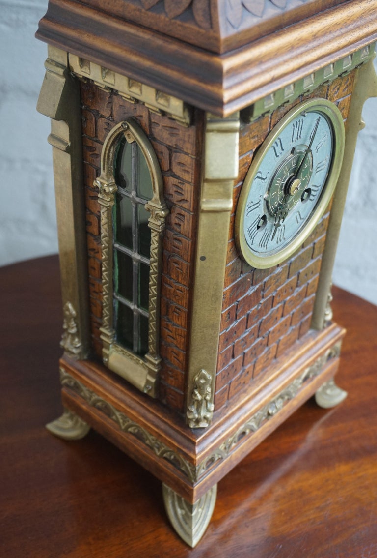 Antique Gothic Revival Hand Carved Nutwood and Bronze Table Clock by