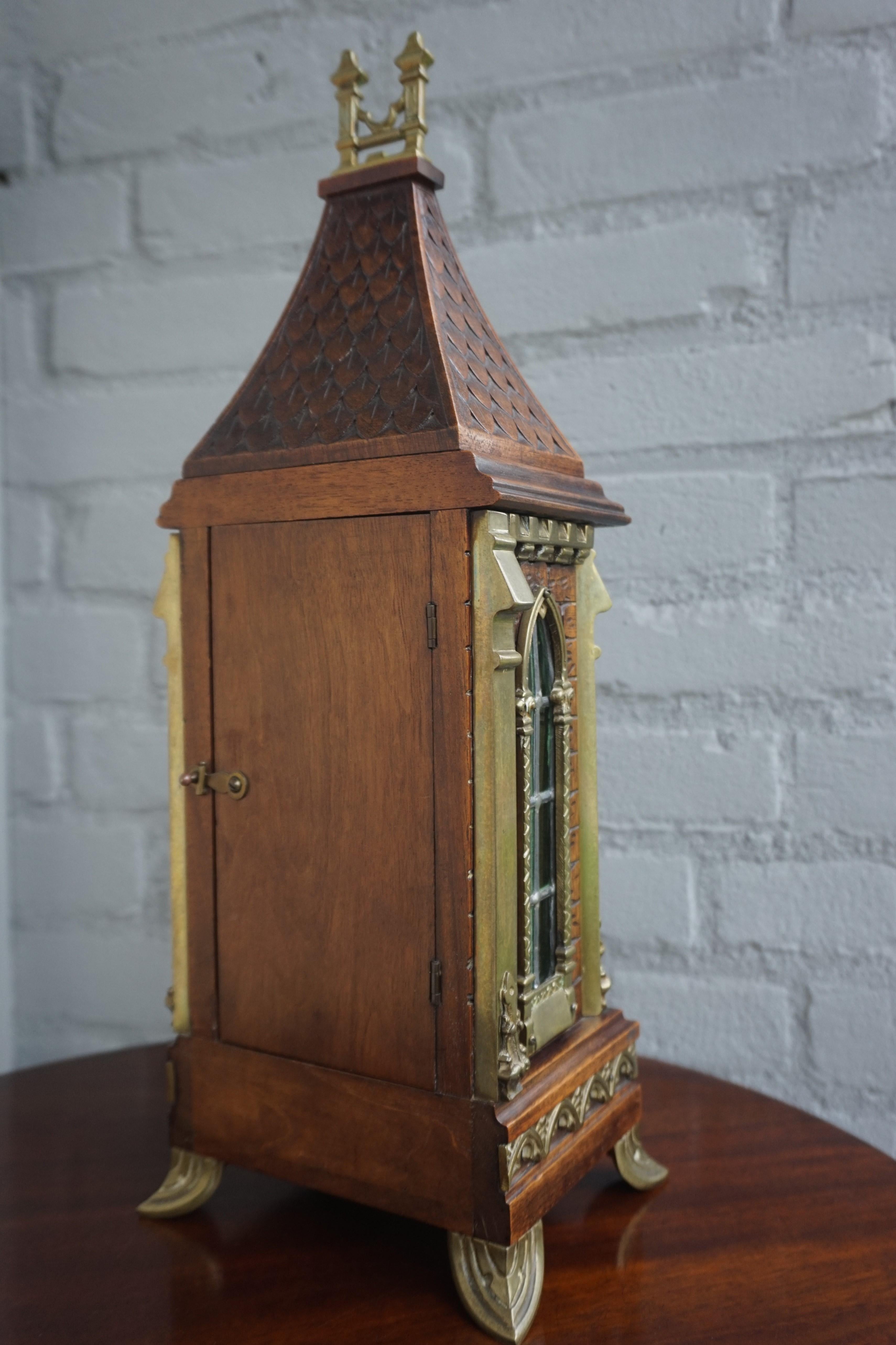 Antique Gothic Revival Hand Carved Nutwood & Bronze Table Clock by Samuel Marti 3