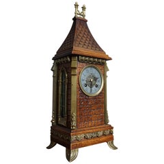 Antique Gothic Revival Hand Carved Nutwood & Bronze Table Clock by Samuel Marti