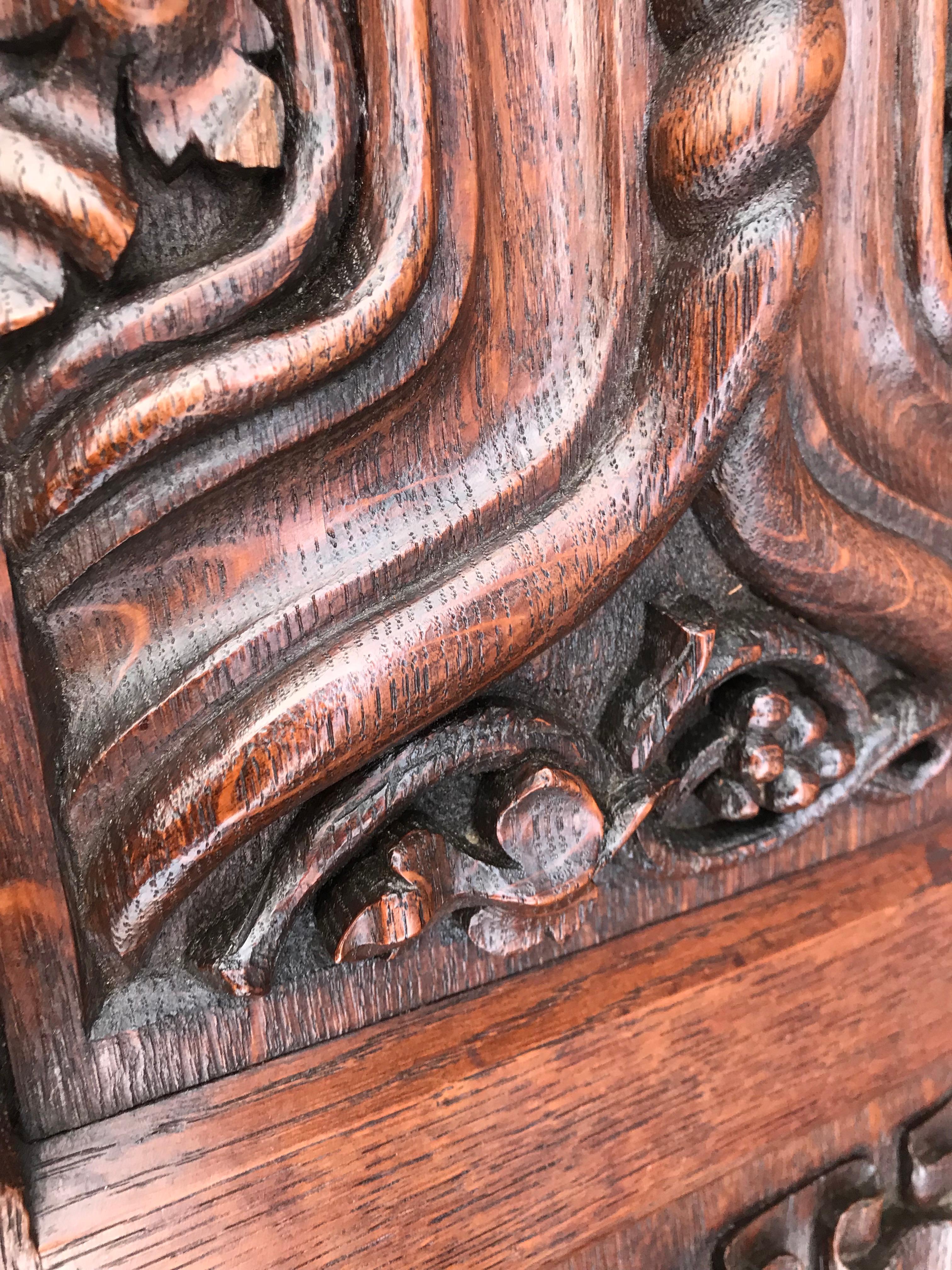 Antique Gothic Revival Hand Carved Oak Wall Cabinet with Gargoyles Sculptures 2