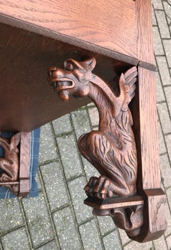 Antique Gothic Revival Hand Carved Oak Wall Cabinet with Gargoyles Sculptures