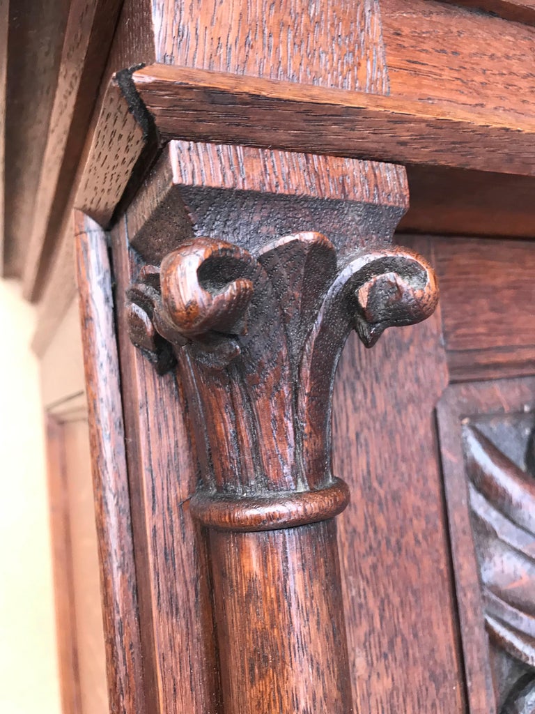 Antique Gothic Revival Hand Carved Oak Wall with Gargoyles