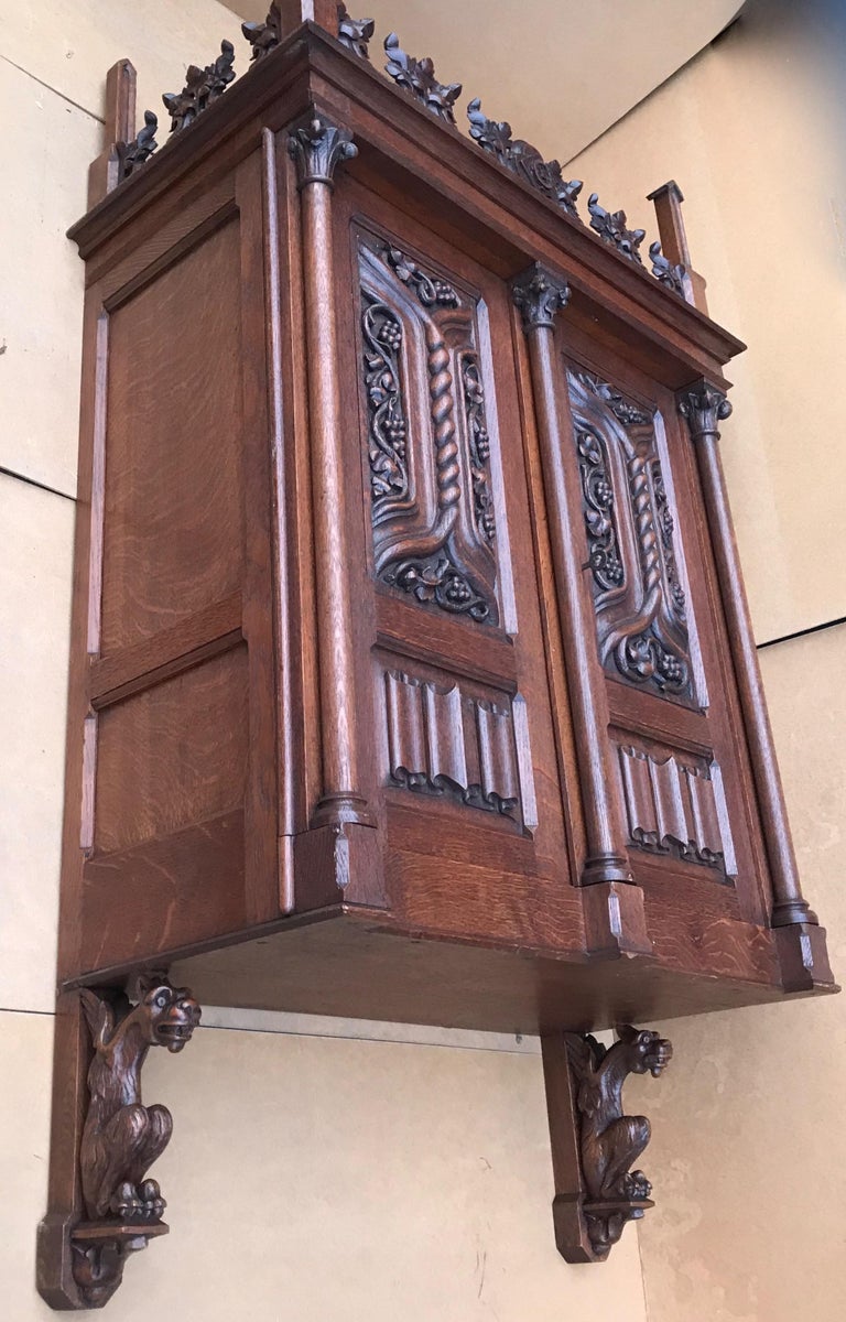 Antique Gothic Revival Hand Carved Oak Wall with Gargoyles