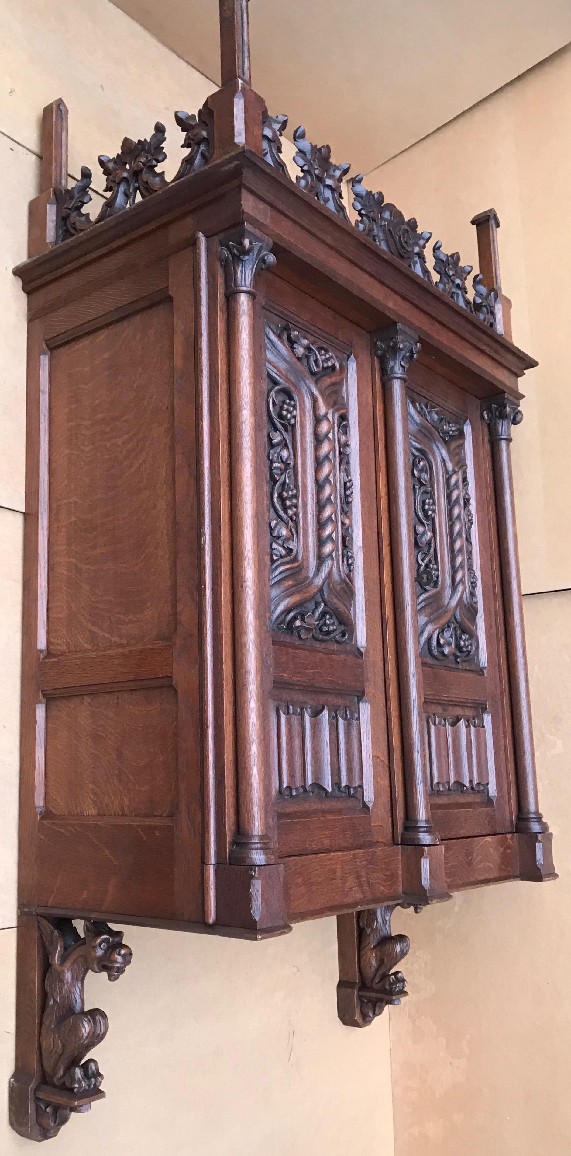 Hand-Carved Antique Gothic Revival Hand Carved Oak Wall Cabinet with Gargoyles Sculptures