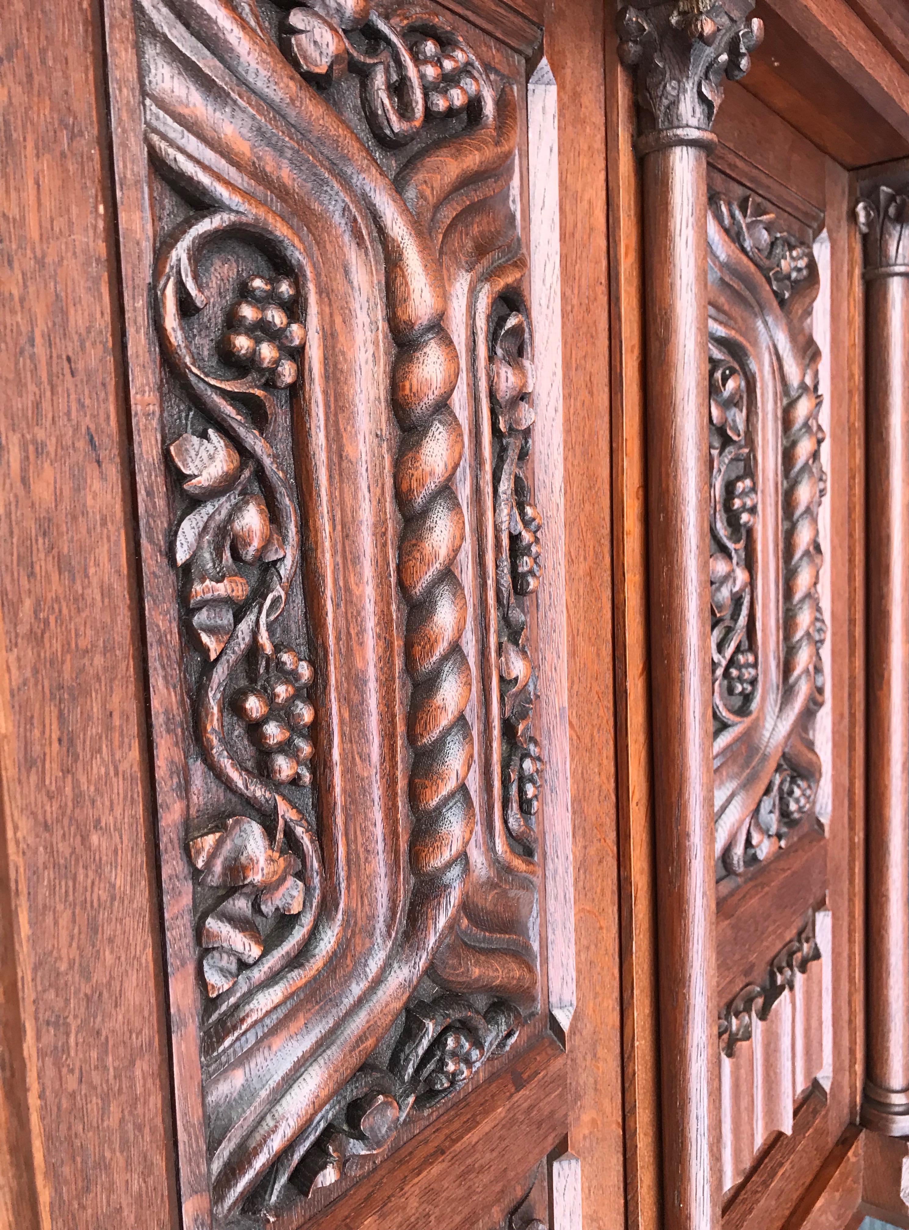 19th Century Antique Gothic Revival Hand Carved Oak Wall Cabinet with Gargoyles Sculptures