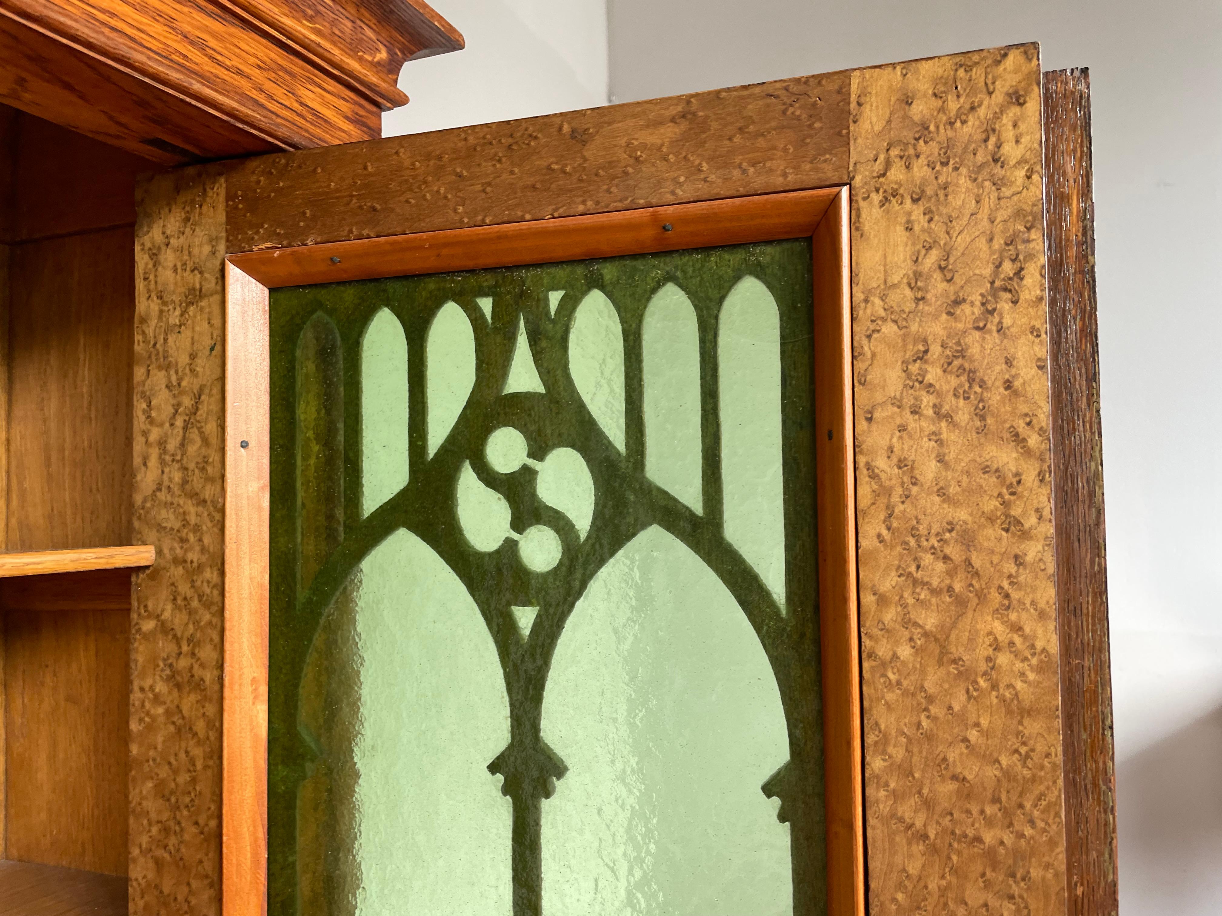 Antique Gothic Revival Hand Carved Oak Wall Cabinet with Green Cathedral Glass For Sale 1