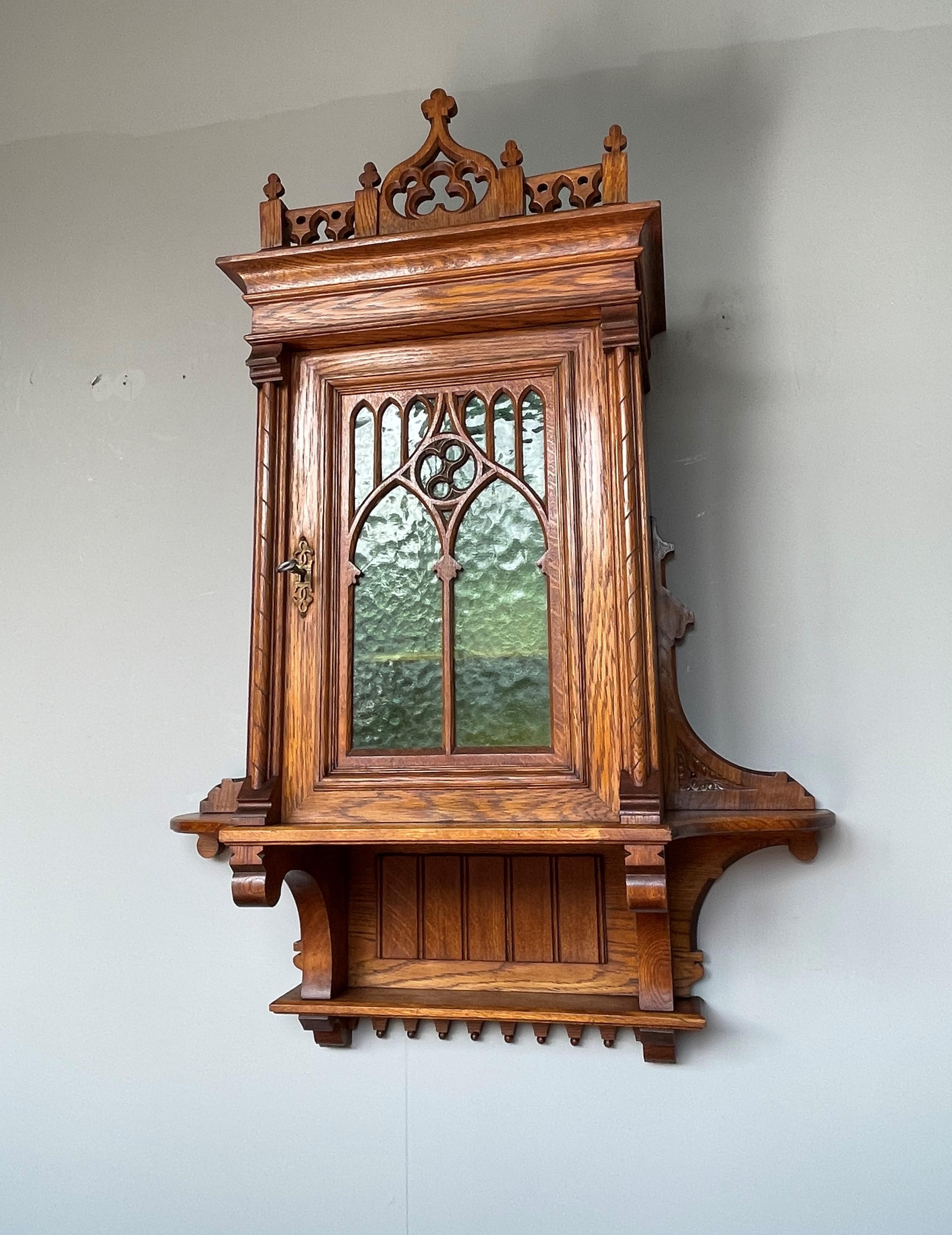 19th Century Antique Gothic Revival Hand Carved Oak Wall Cabinet with Green Cathedral Glass For Sale