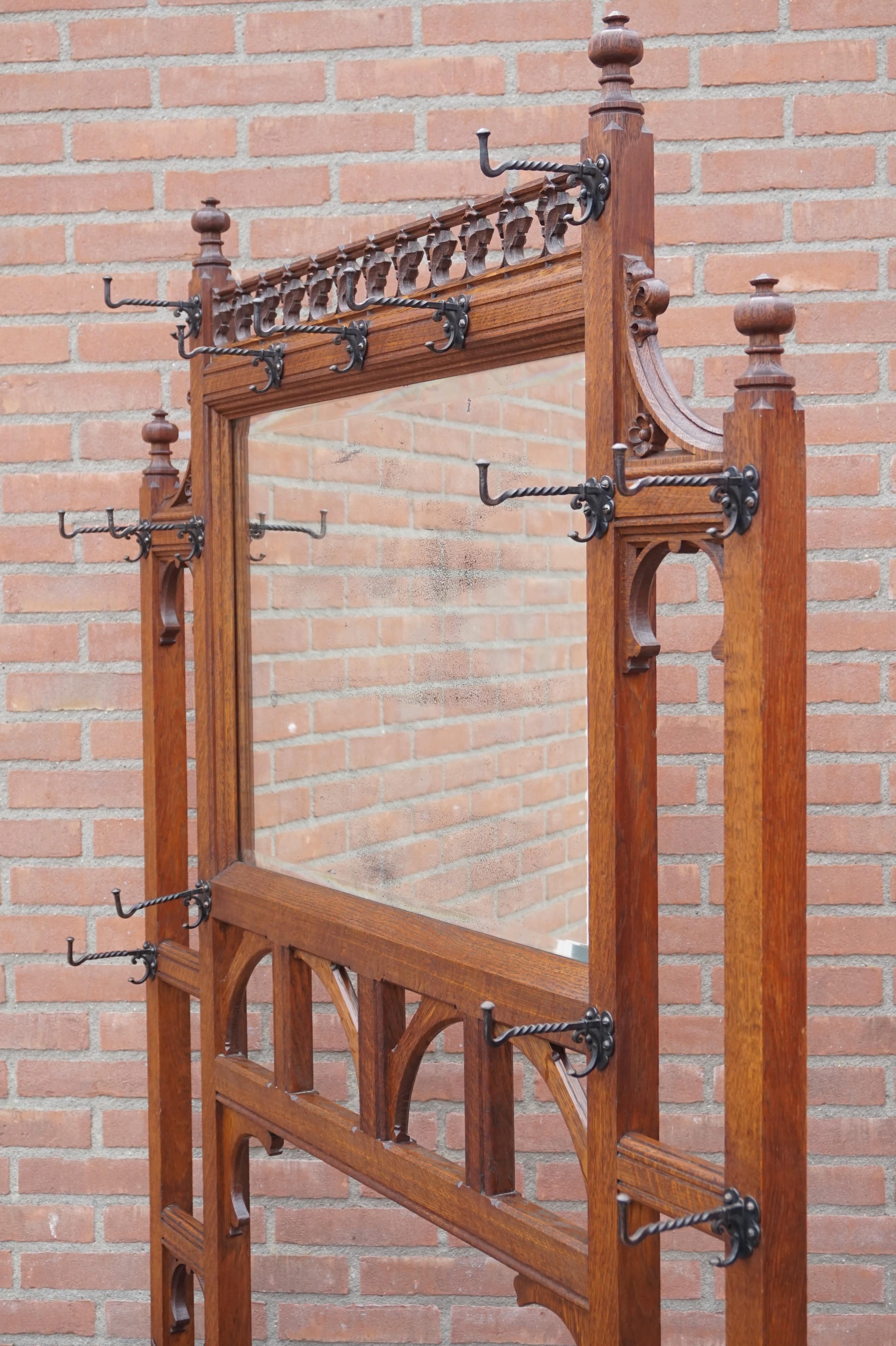 Antique Gothic Revival Hand Carved Oak & Wrought Iron Hooks Hall Stand Coat Rack 7