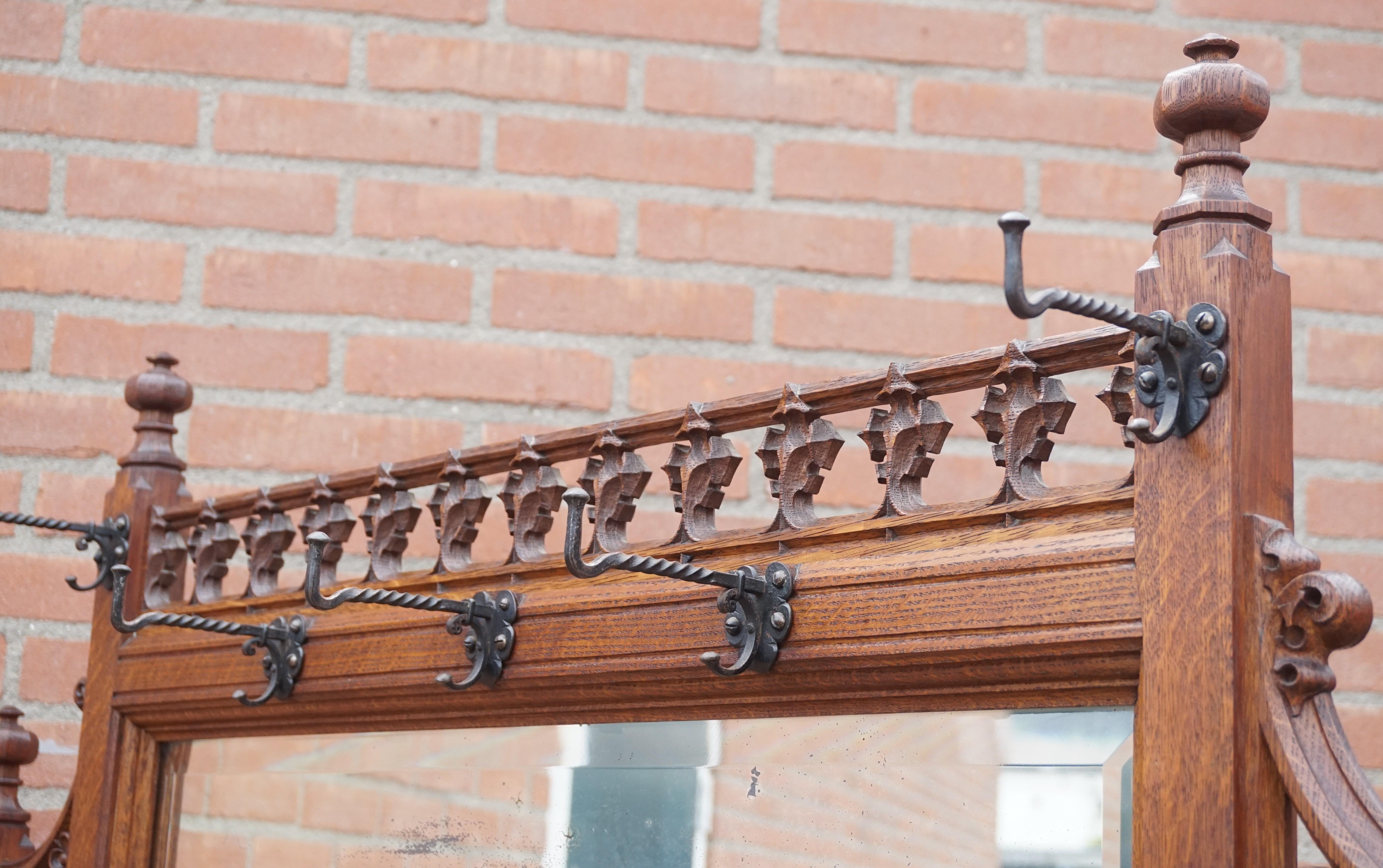 Antique Gothic Revival Hand Carved Oak & Wrought Iron Hooks Hall Stand Coat Rack 8