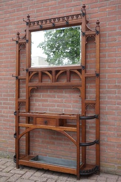 Antique Gothic Revival Hand Carved Oak & Wrought Iron Hooks Hall Stand Coat Rack