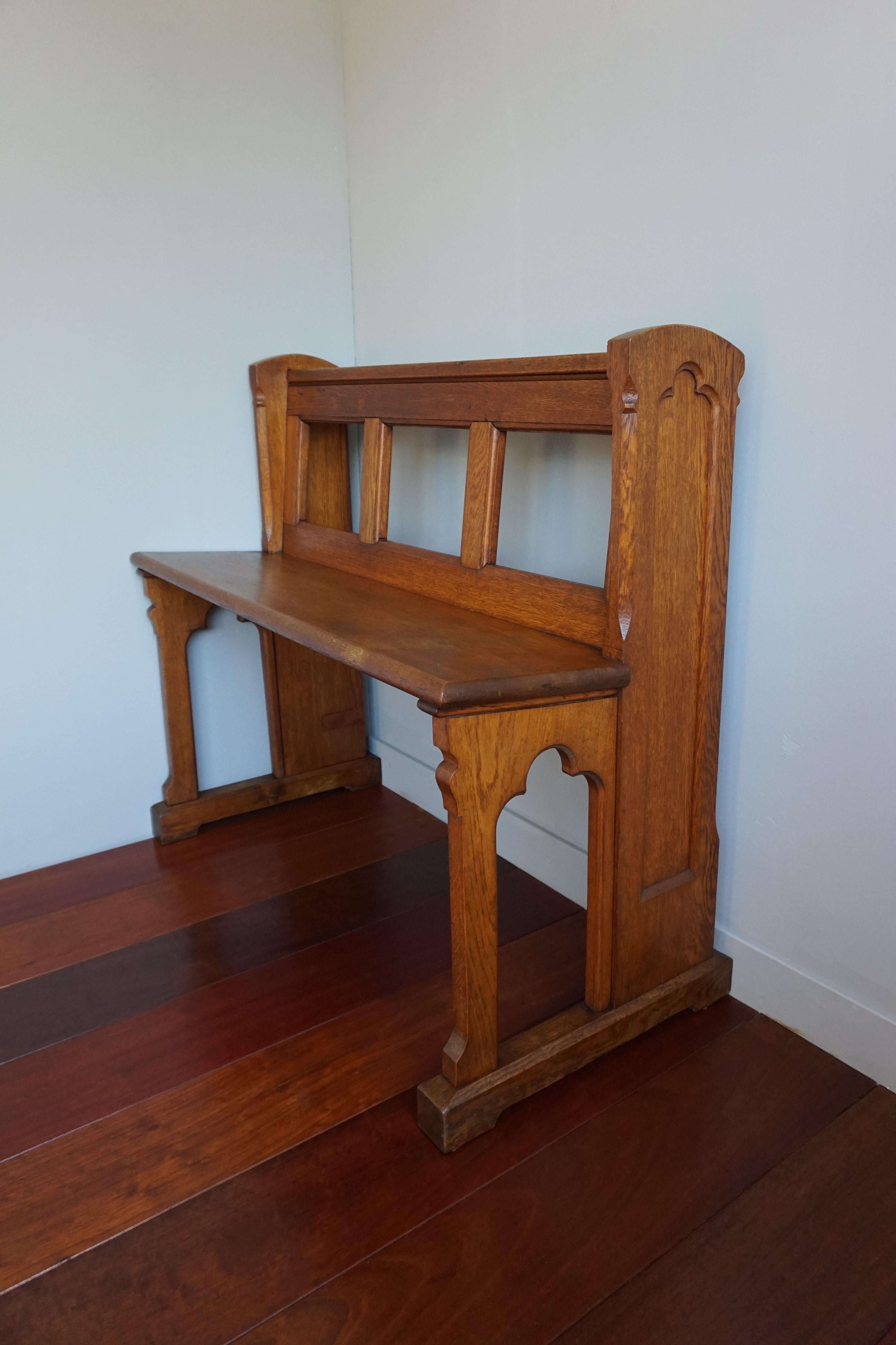 Antique Gothic Revival, Hand Carved Solid Oak, Open Design Church Hall Bench For Sale 1