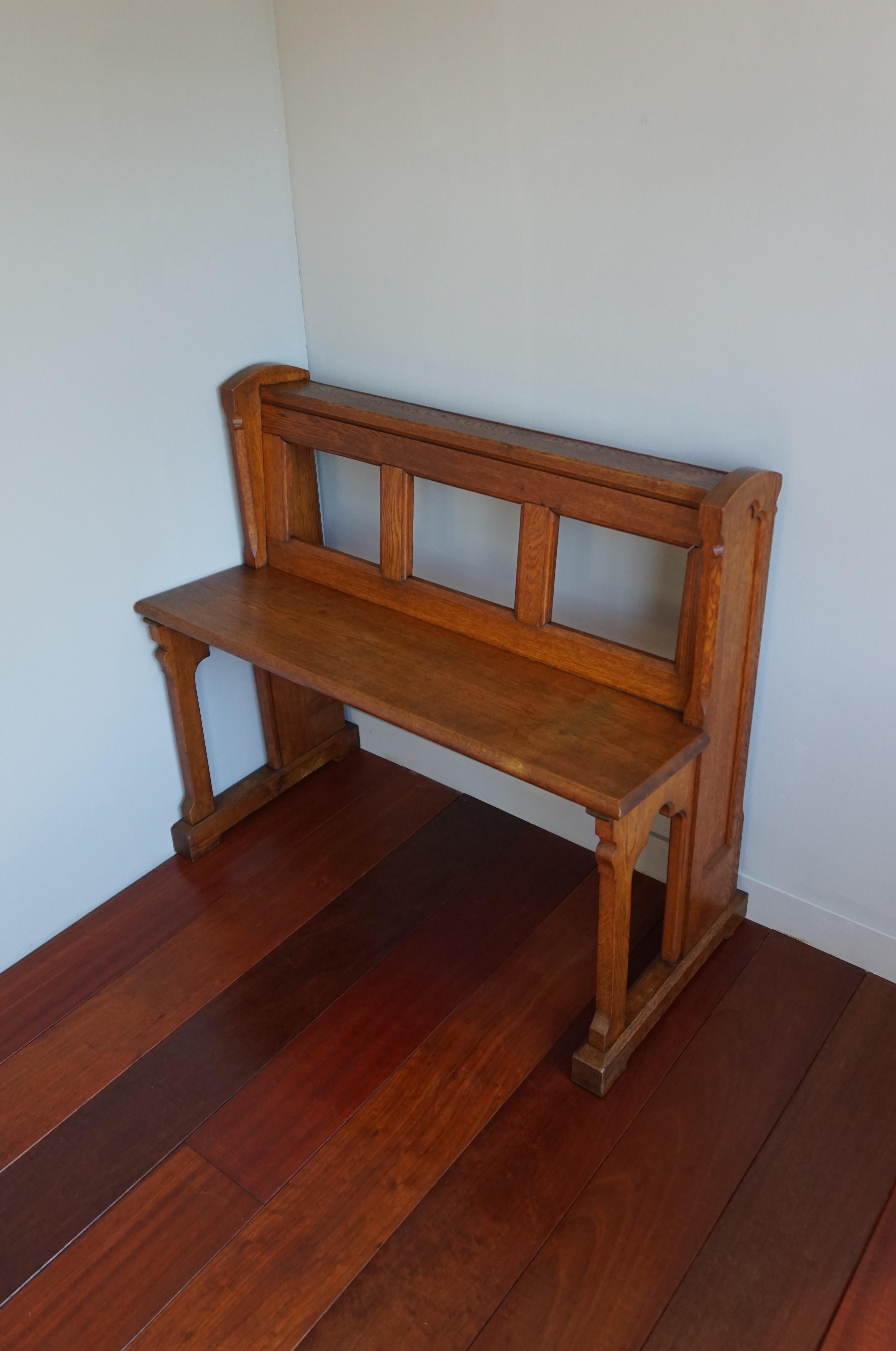 Antique Gothic Revival, Hand Carved Solid Oak, Open Design Church Hall Bench For Sale 2