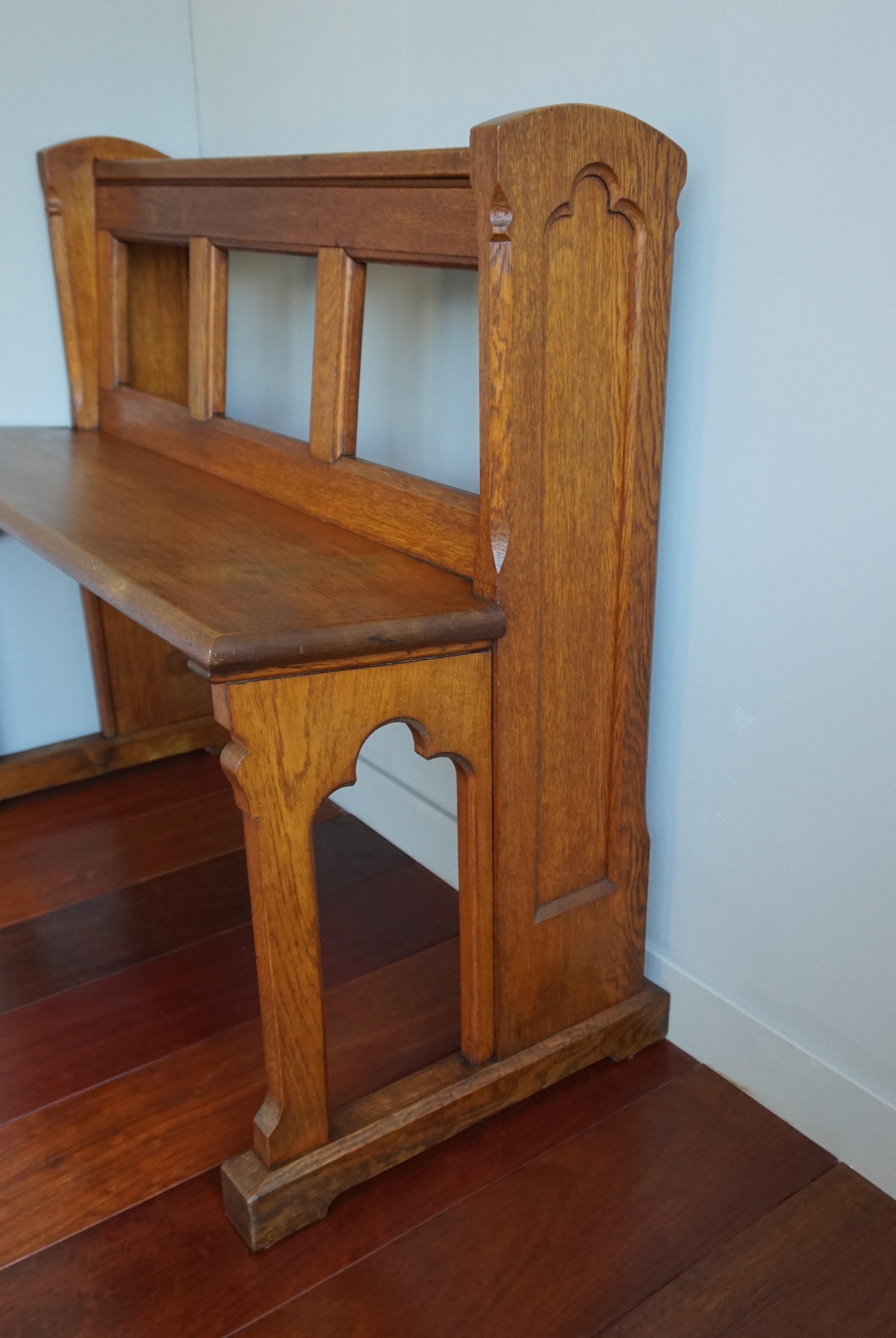 Antique Gothic Revival, Hand Carved Solid Oak, Open Design Church Hall Bench For Sale 3